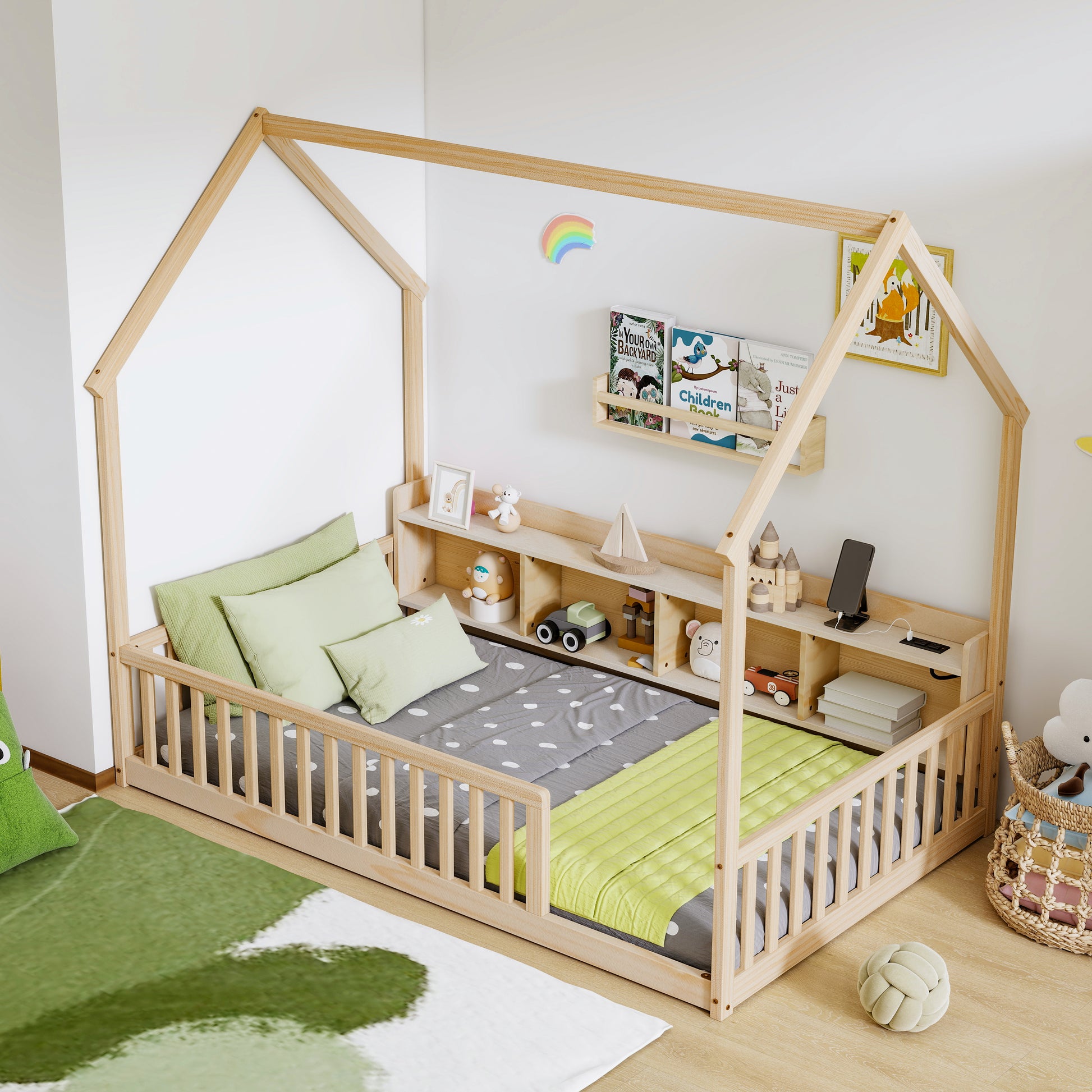 Twin House Floor Bed with Storage, LED Light and Charging