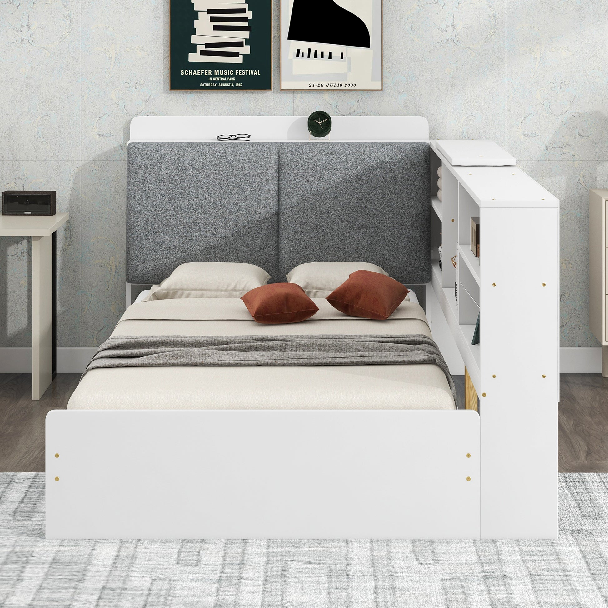Twin Platform Bed with Bookcase Headboard and Drawer