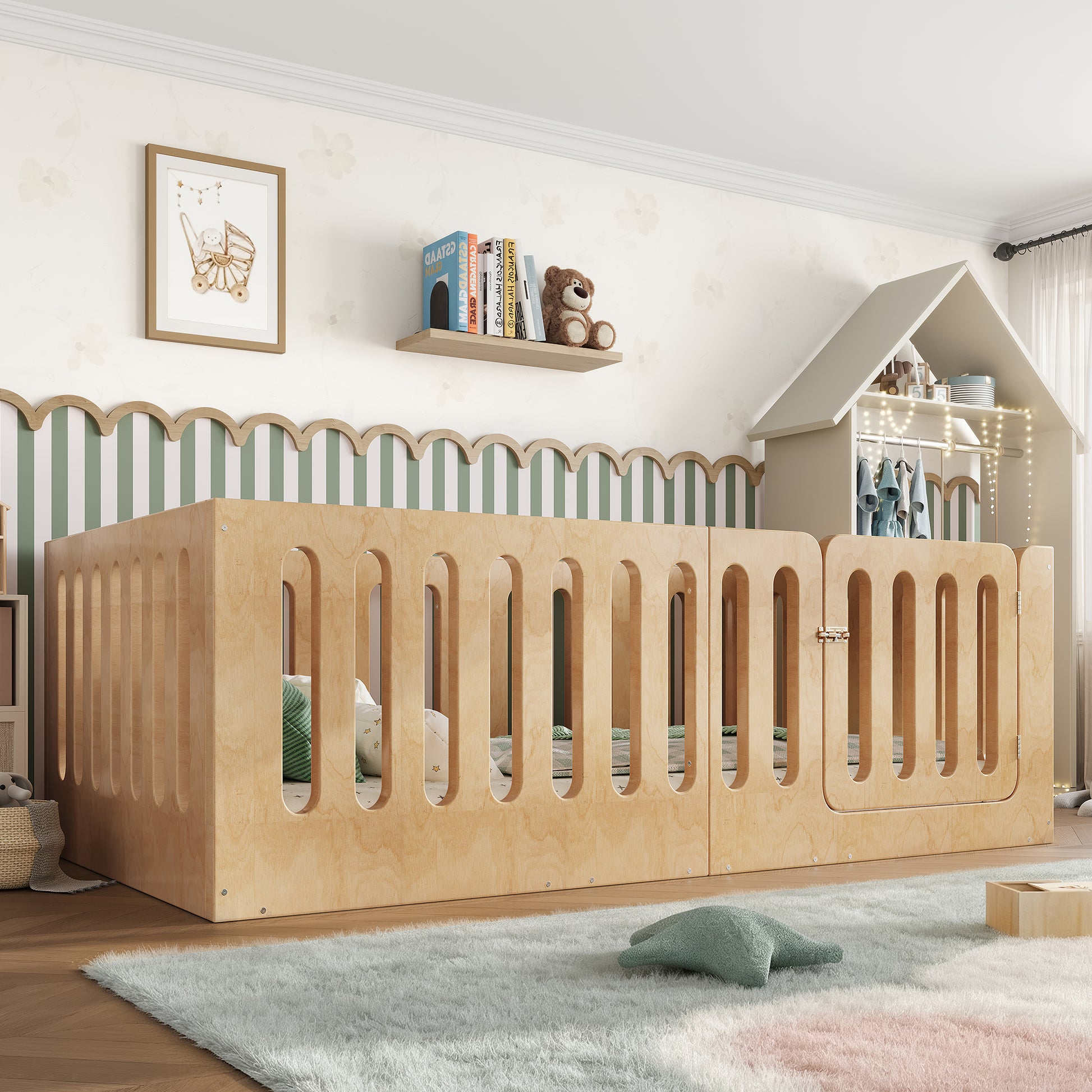 Twin Size Plywood Floor Bed with High Fence and Door