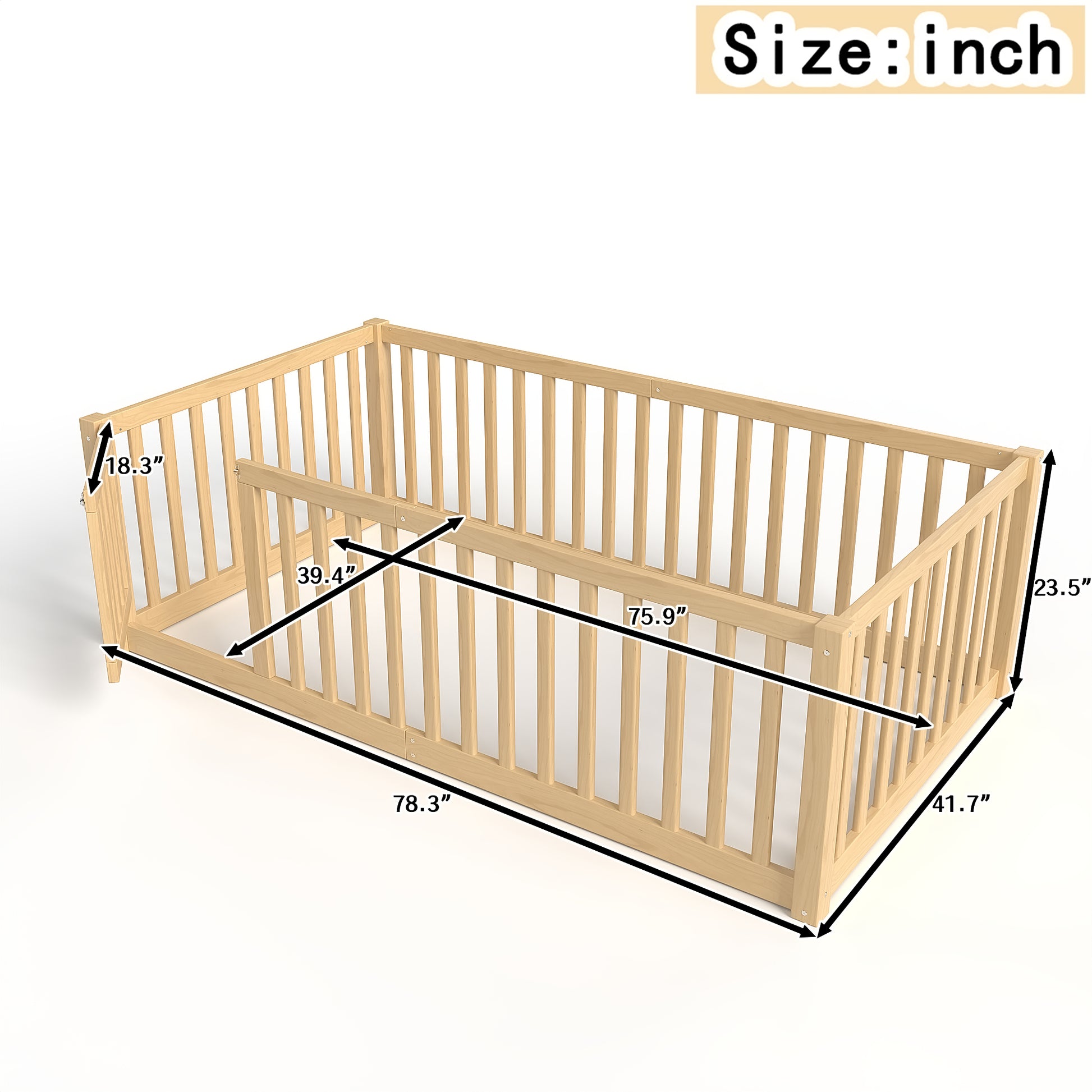 Twin Size Pine Wood Floor Bed with Safety Guards