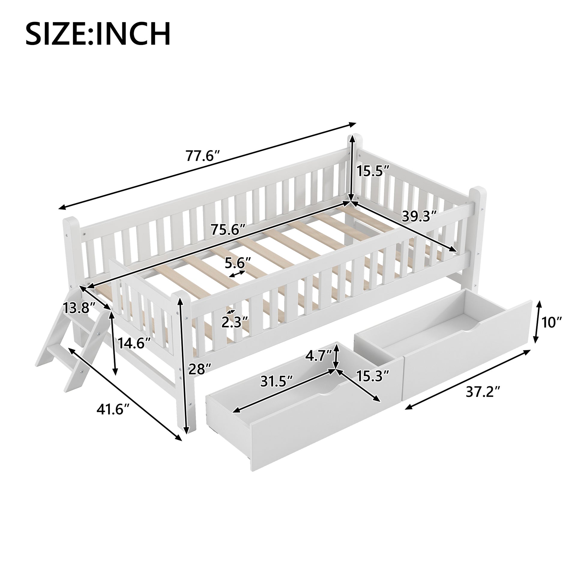 Twin Floor Bed with Full Guardrails and Side Ladder