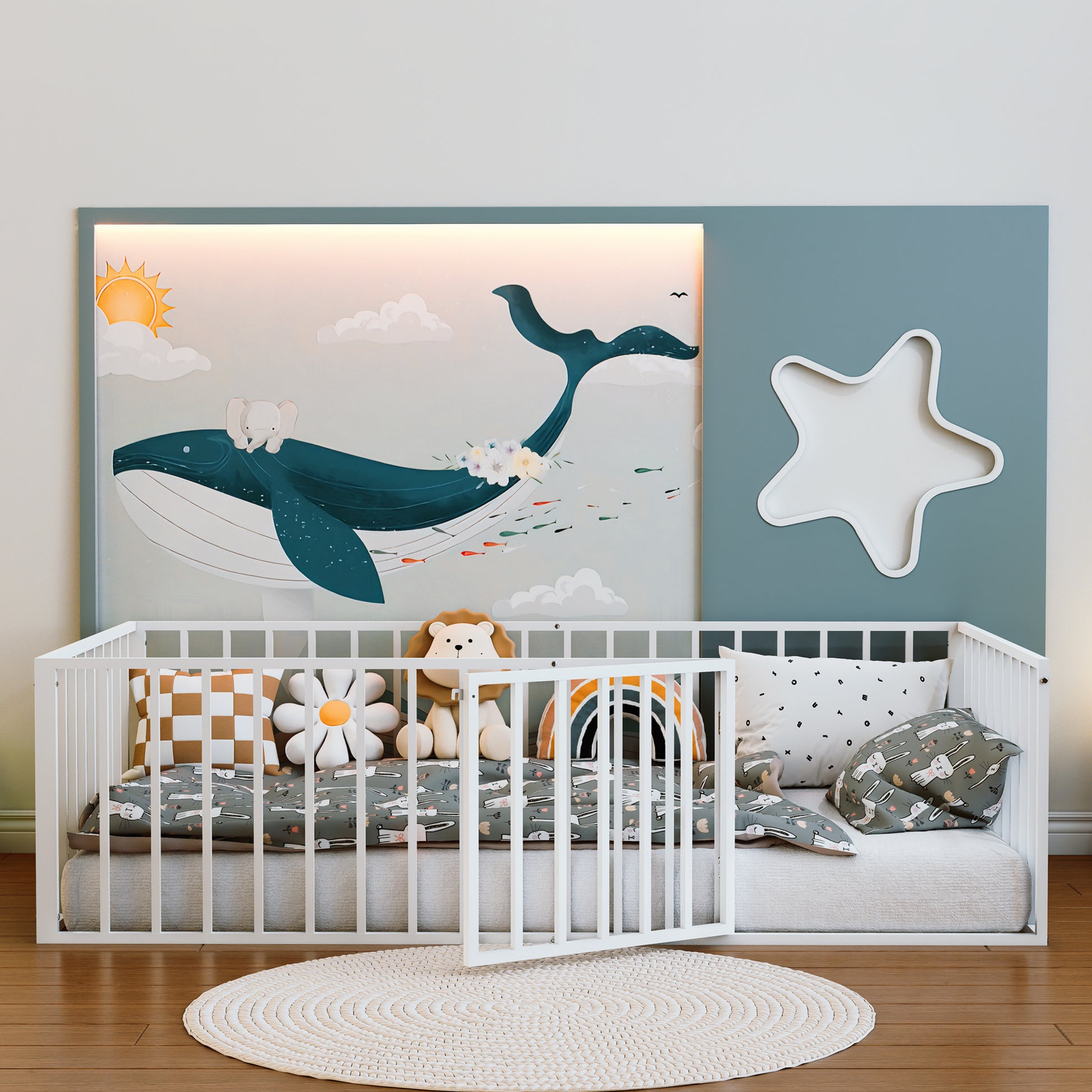 Twin Size Metal Montessori Floor Bed with Open Gate