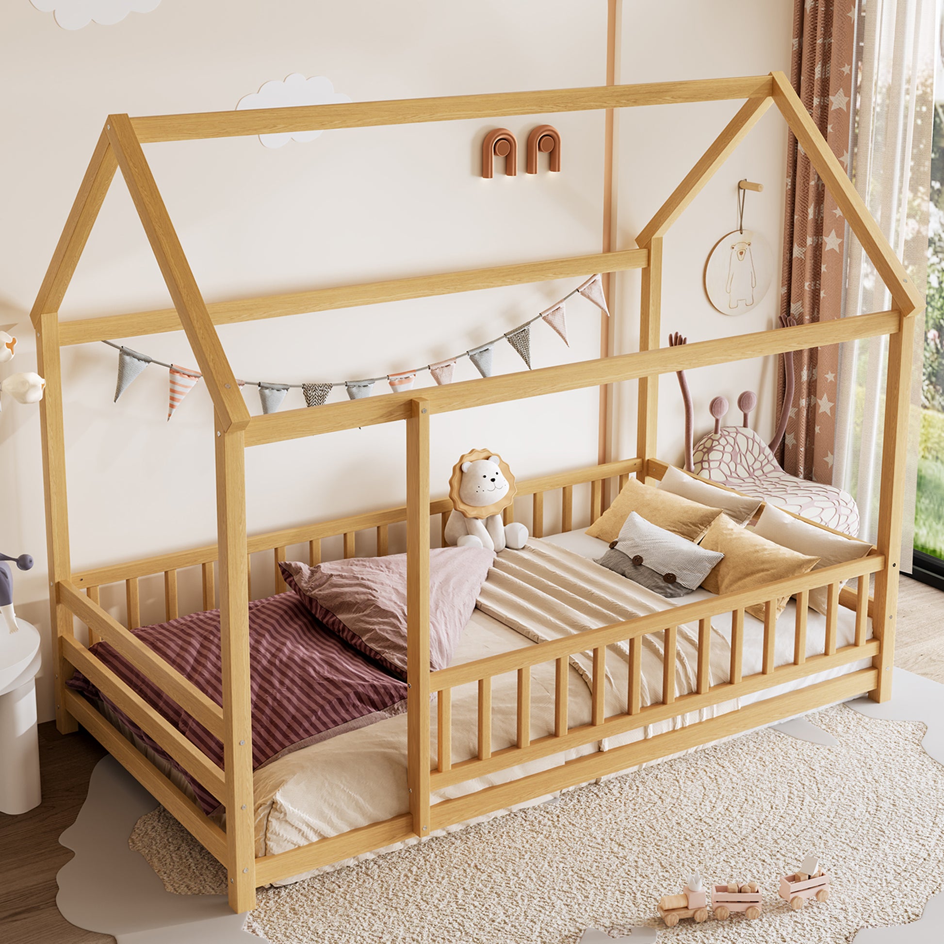 Twin Pine House Floor Bed with Full Guardrails