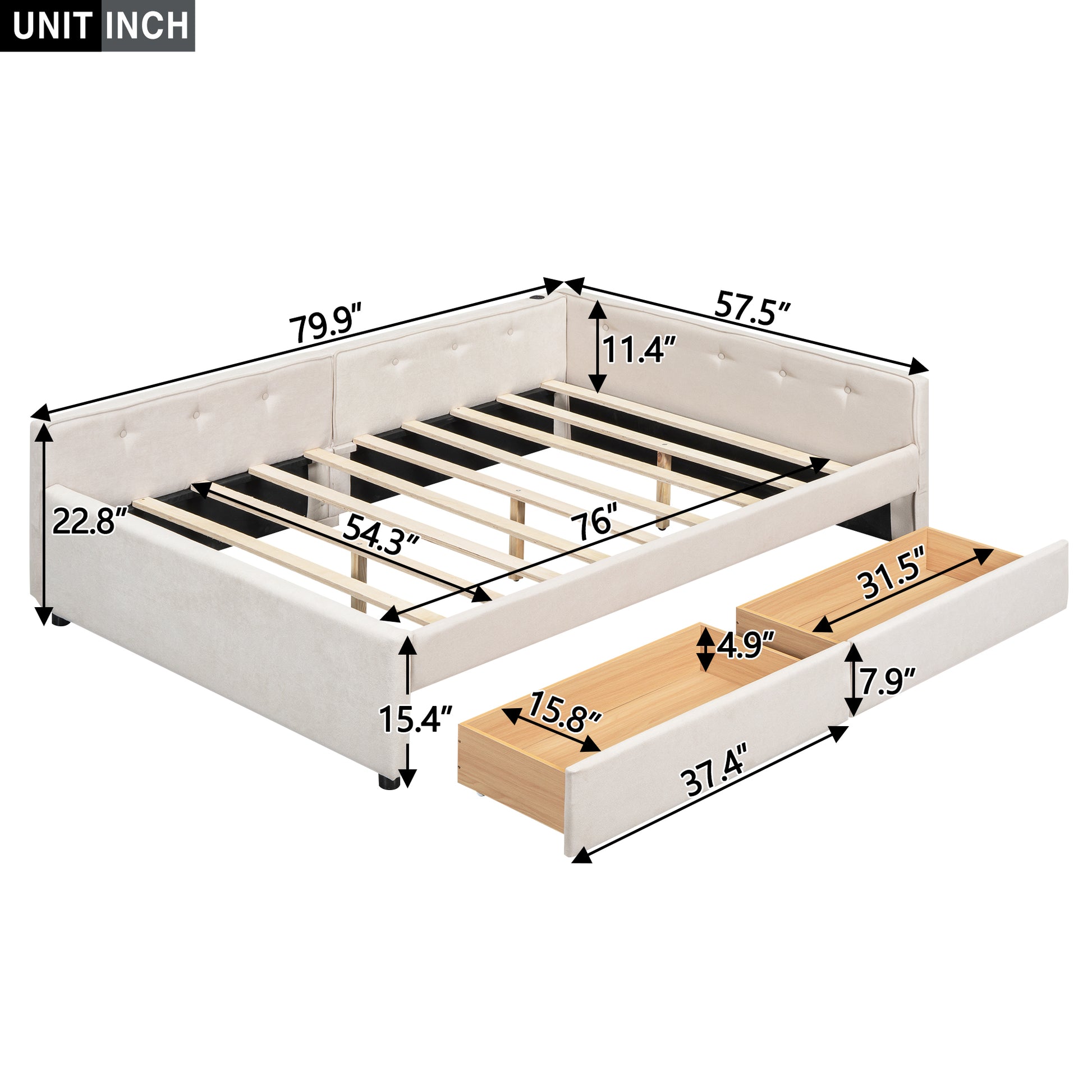 Full Size Upholstered Platform Bed with Drawers