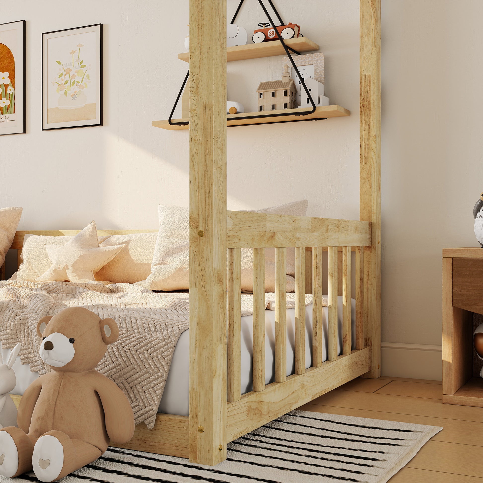 Twin Canopy Floor Bed with Fence, Rubber Wood