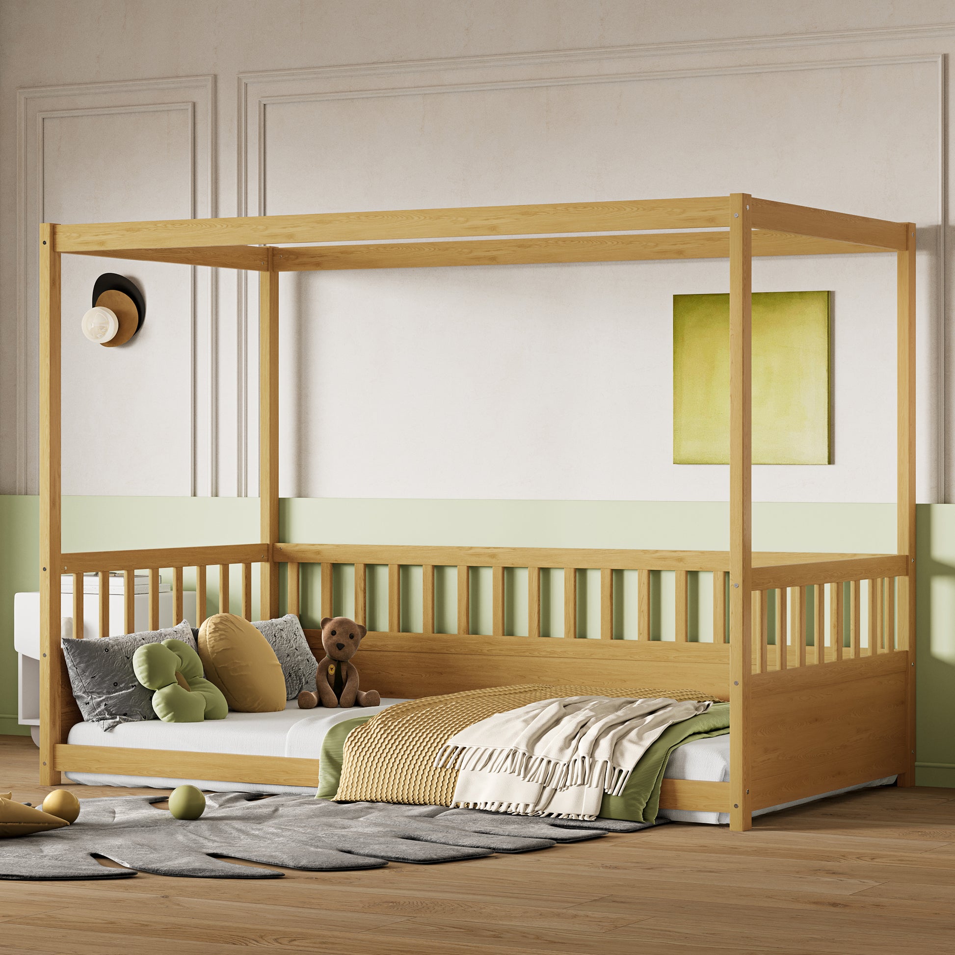 Twin Pine Canopy Floor Bed with Three-Side Rails