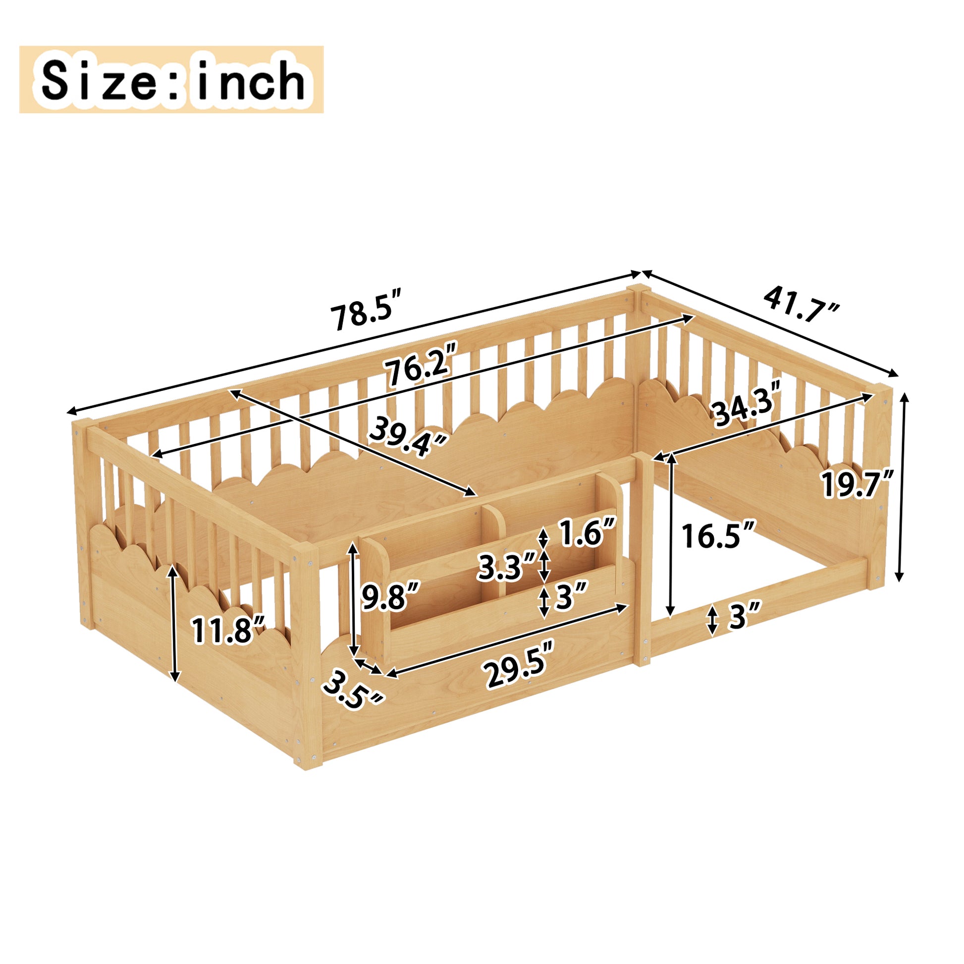 Twin Floor Bed with Heightened Fence and Drawers