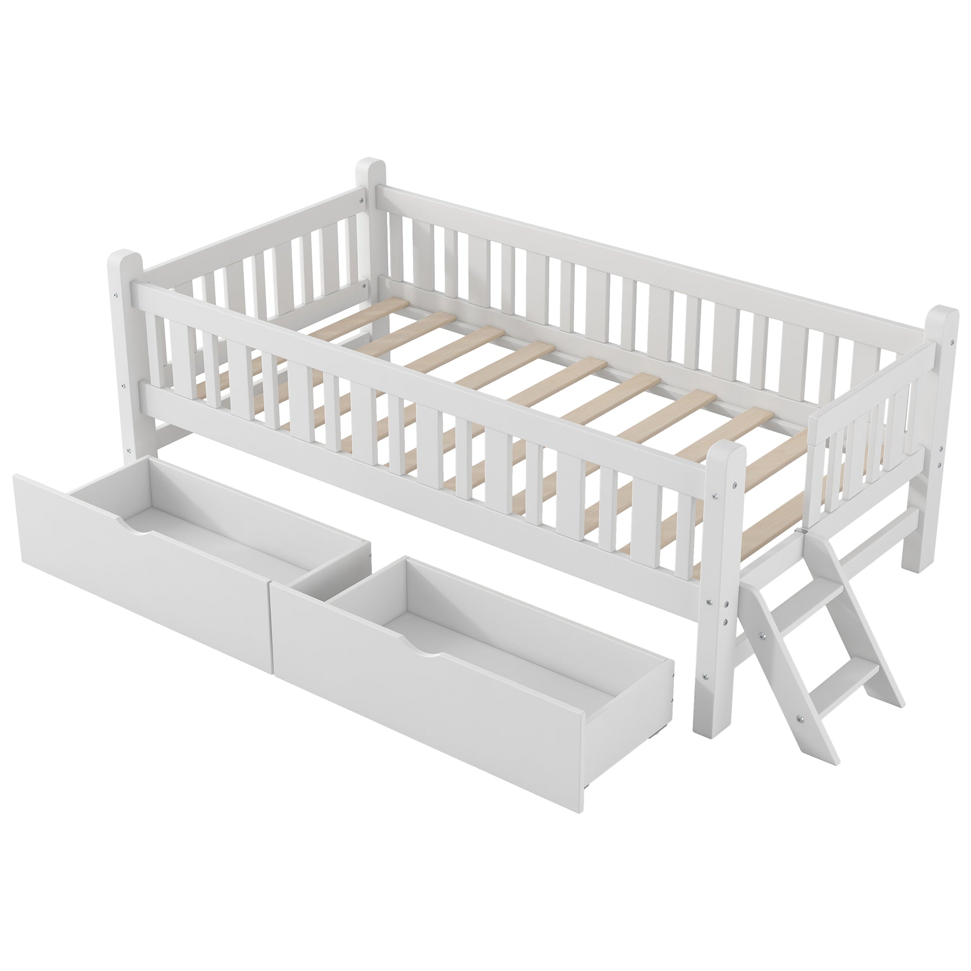 Twin Floor Bed with Full Guardrails and Side Ladder