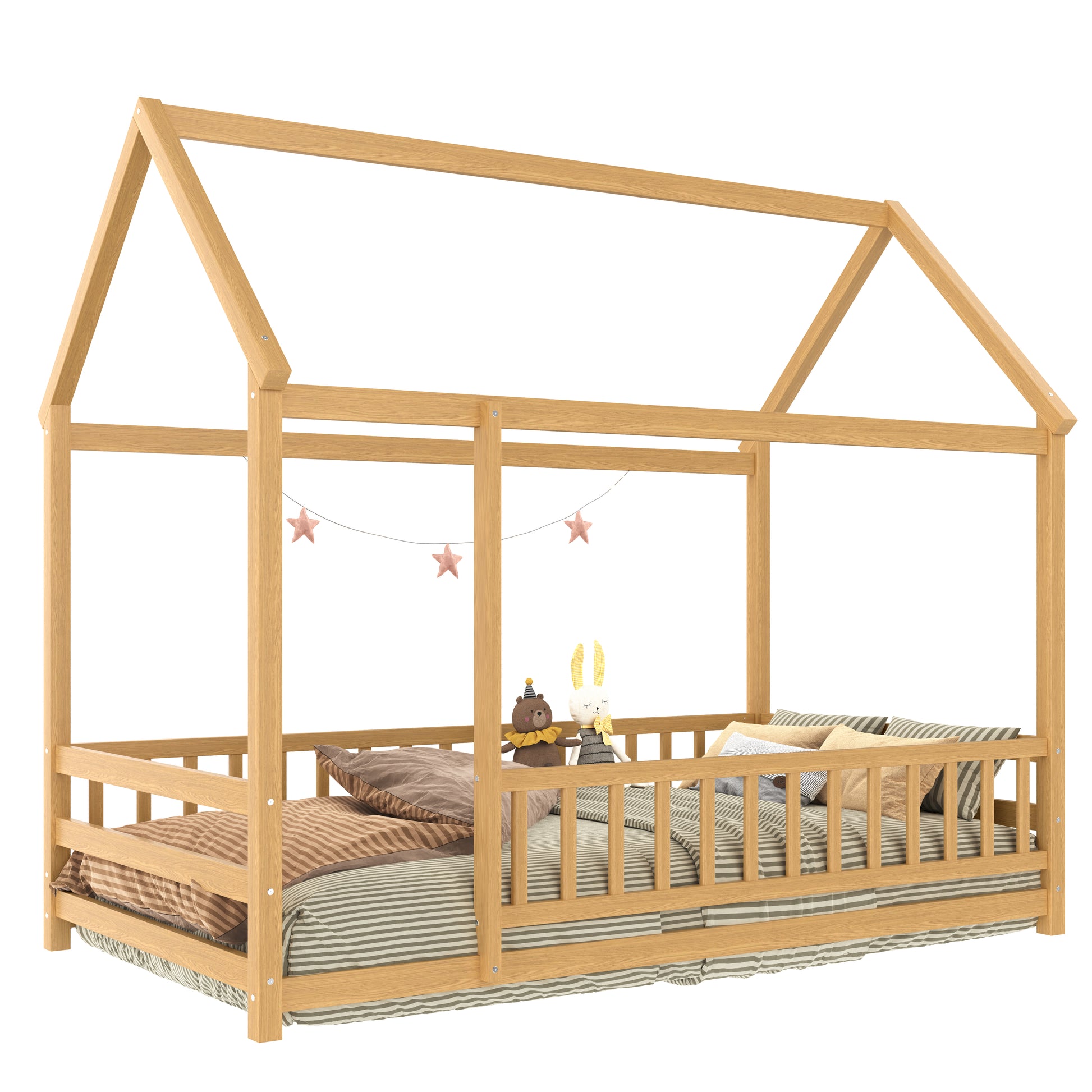 Twin Pine House Floor Bed with Full Guardrails