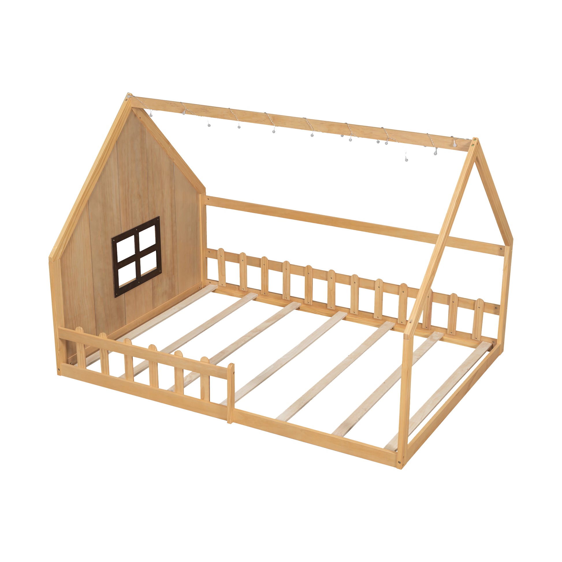 Full Size Wood House Bed with Fence