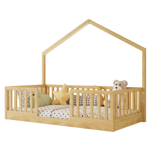 Twin Pine Floor Bed with High Rails and Light