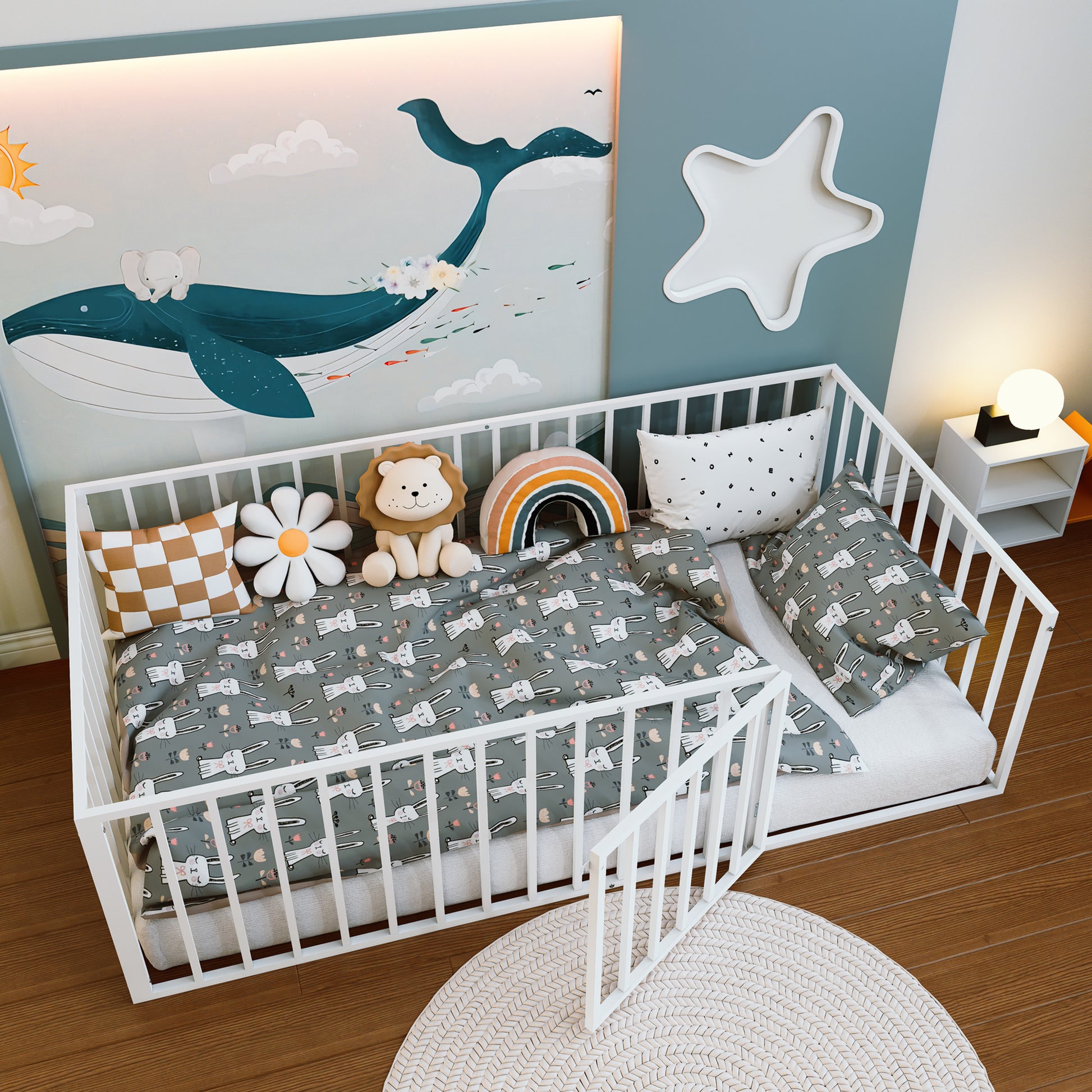 Twin Size Metal Montessori Floor Bed with Open Gate