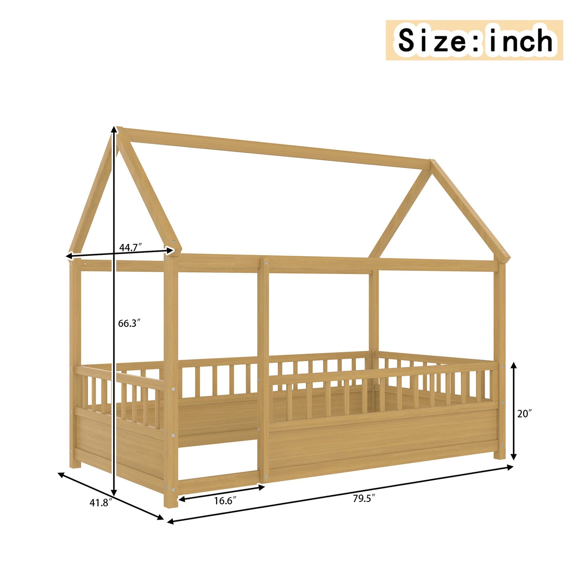 Twin Size Pine House Floor Bed with Safety Rails