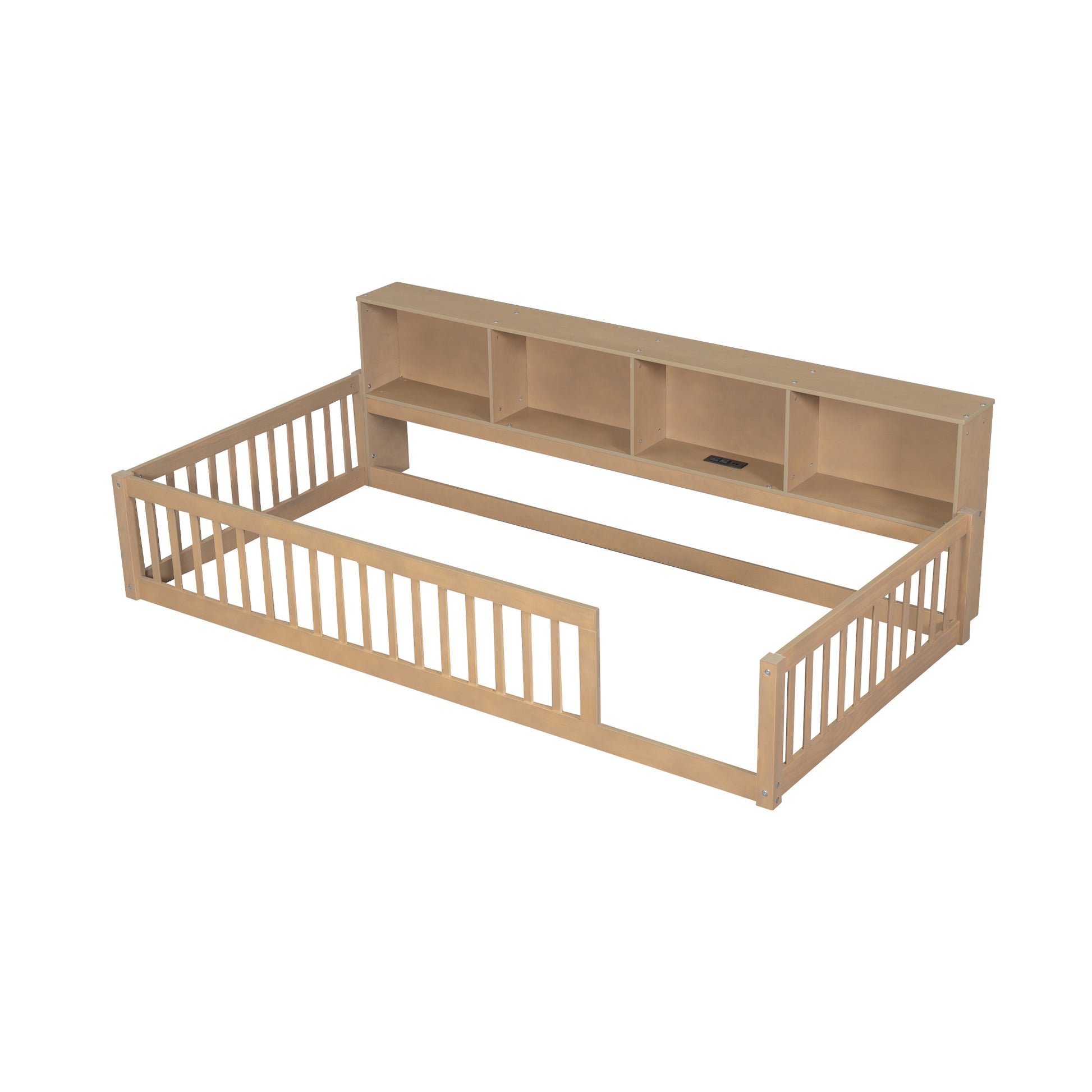 Twin XL Wood Floor Bed with Storage Shelves
