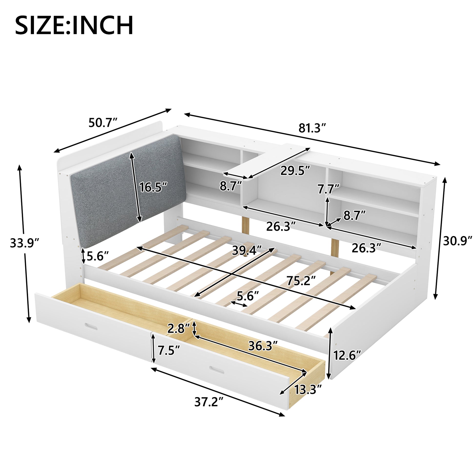Twin Platform Bed with Bookcase Headboard and Drawer