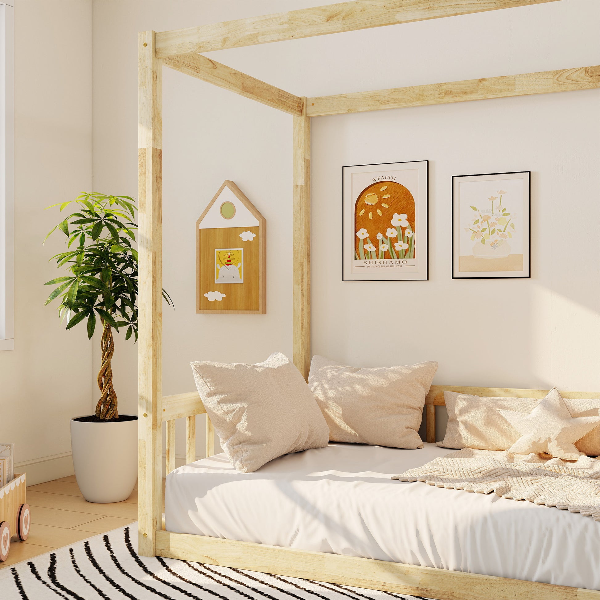 Twin Canopy Floor Bed with Fence, Rubber Wood