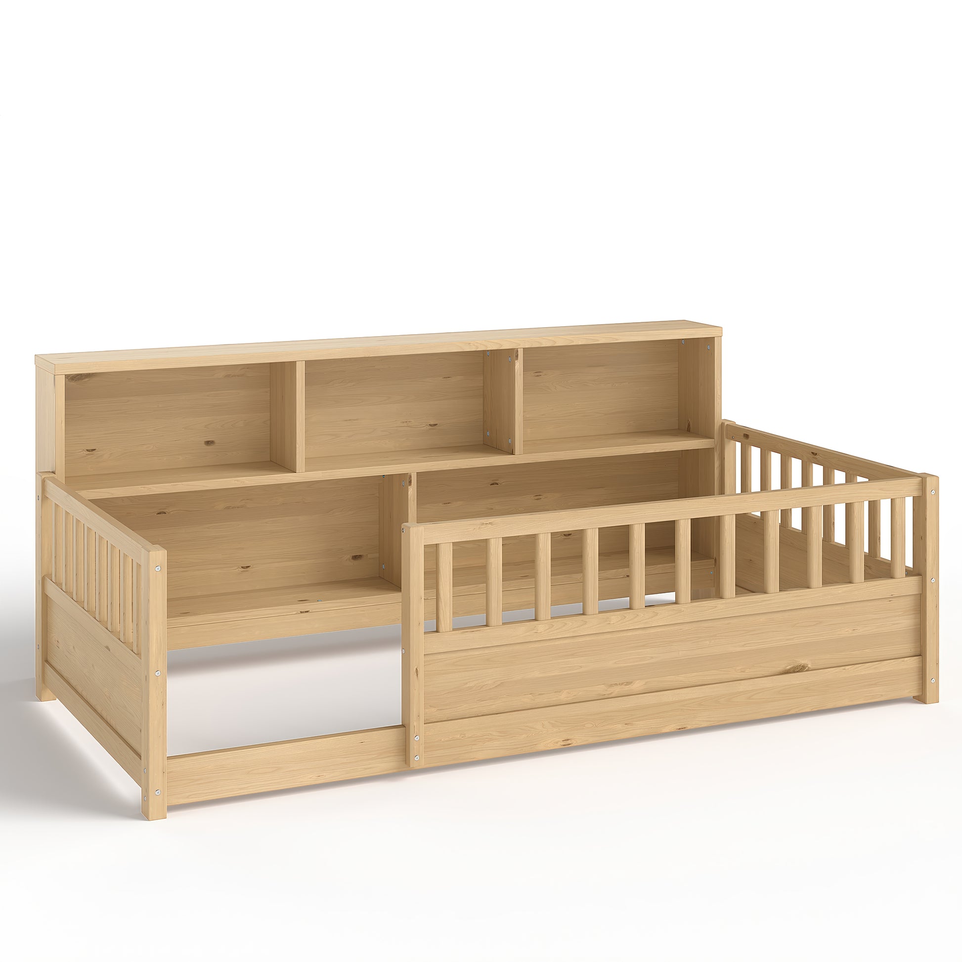 Twin Floor Bed with Bookcase and Safety Rails