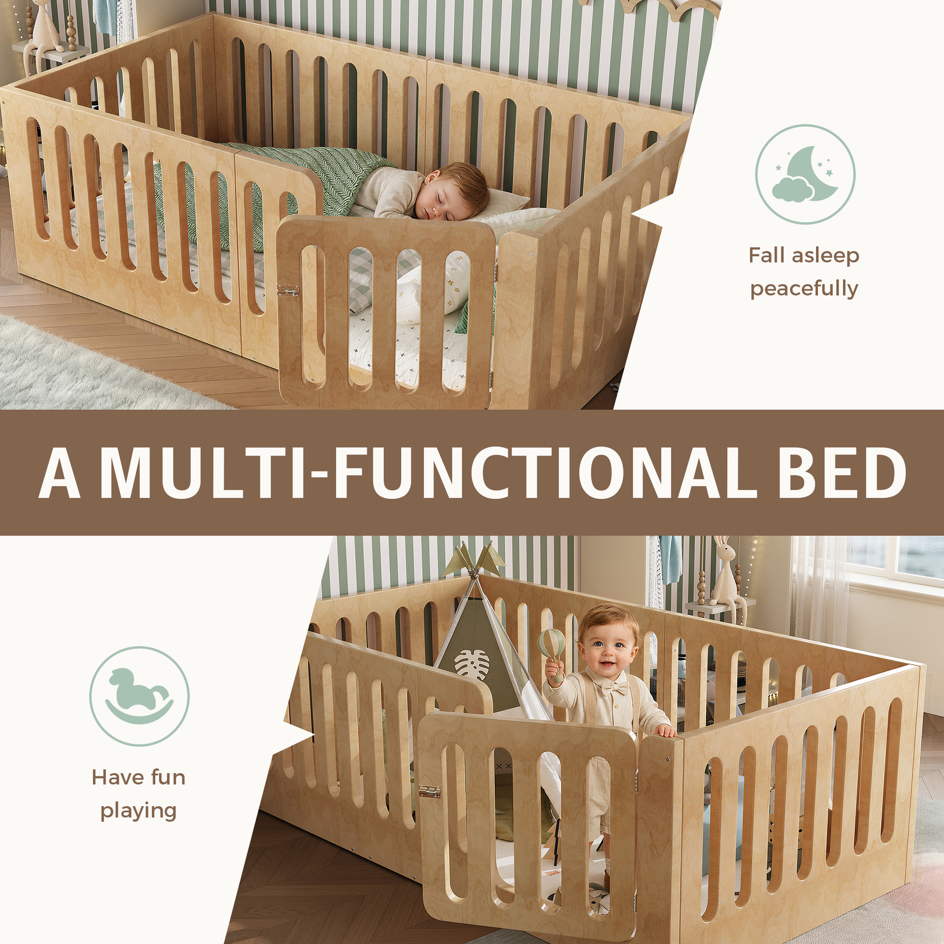 Twin Size Plywood Floor Bed with High Fence and Door