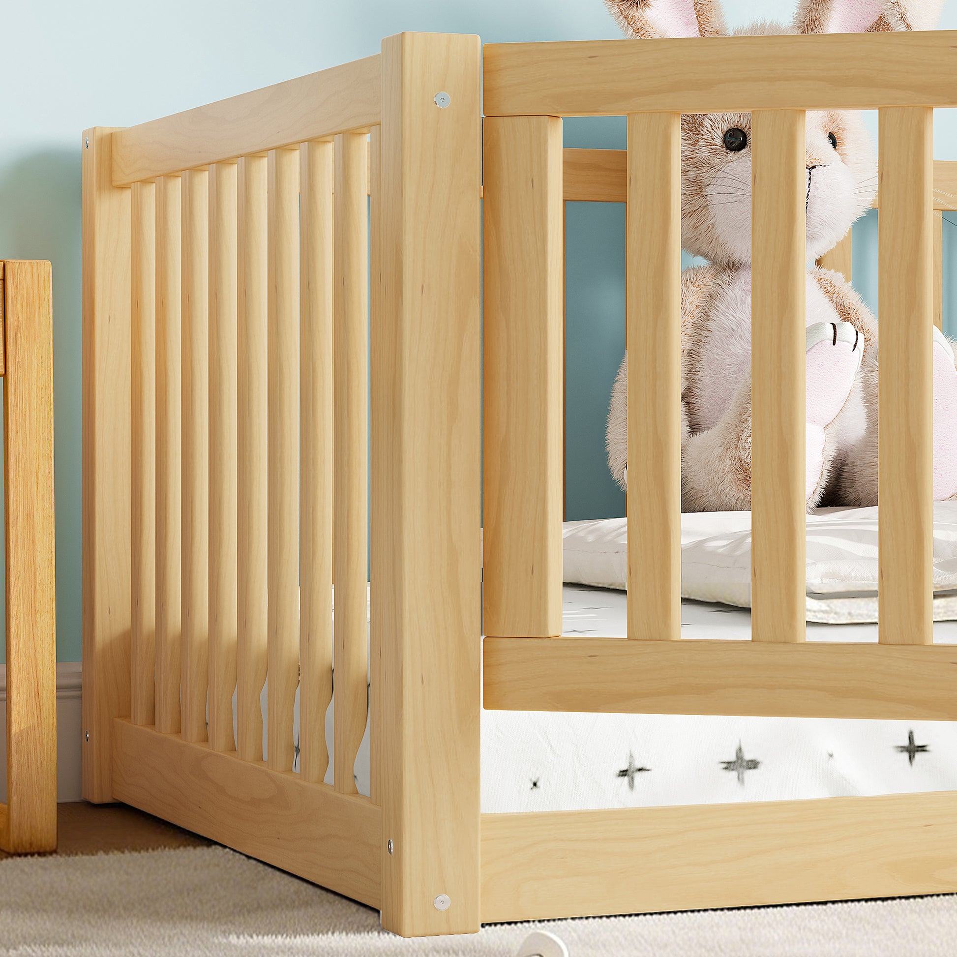 Twin Size Pine Wood Floor Bed with Safety Guards