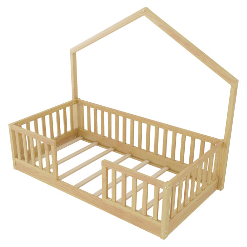 Twin Pine Floor Bed with High Rails and Light