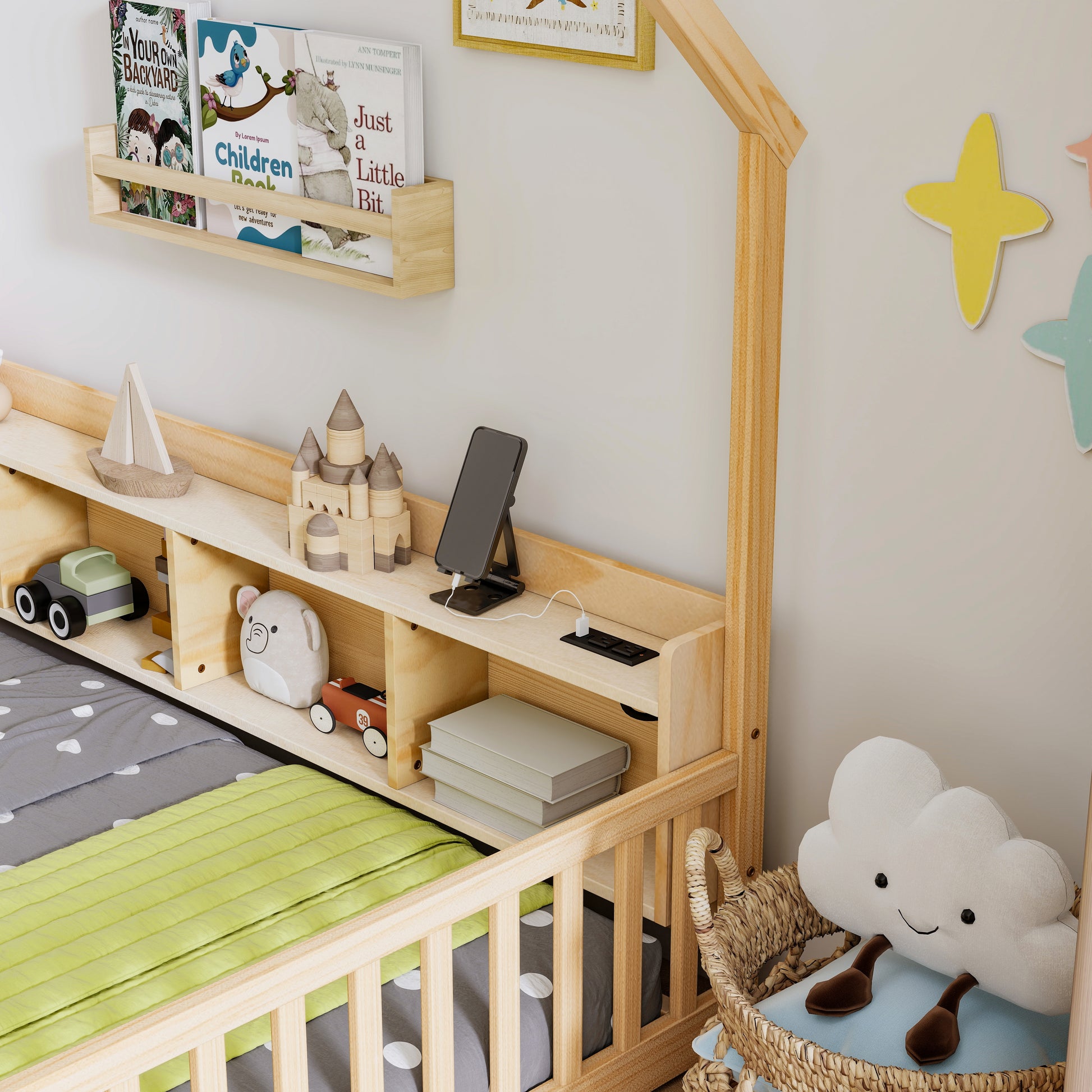Twin House Floor Bed with Storage, LED Light and Charging