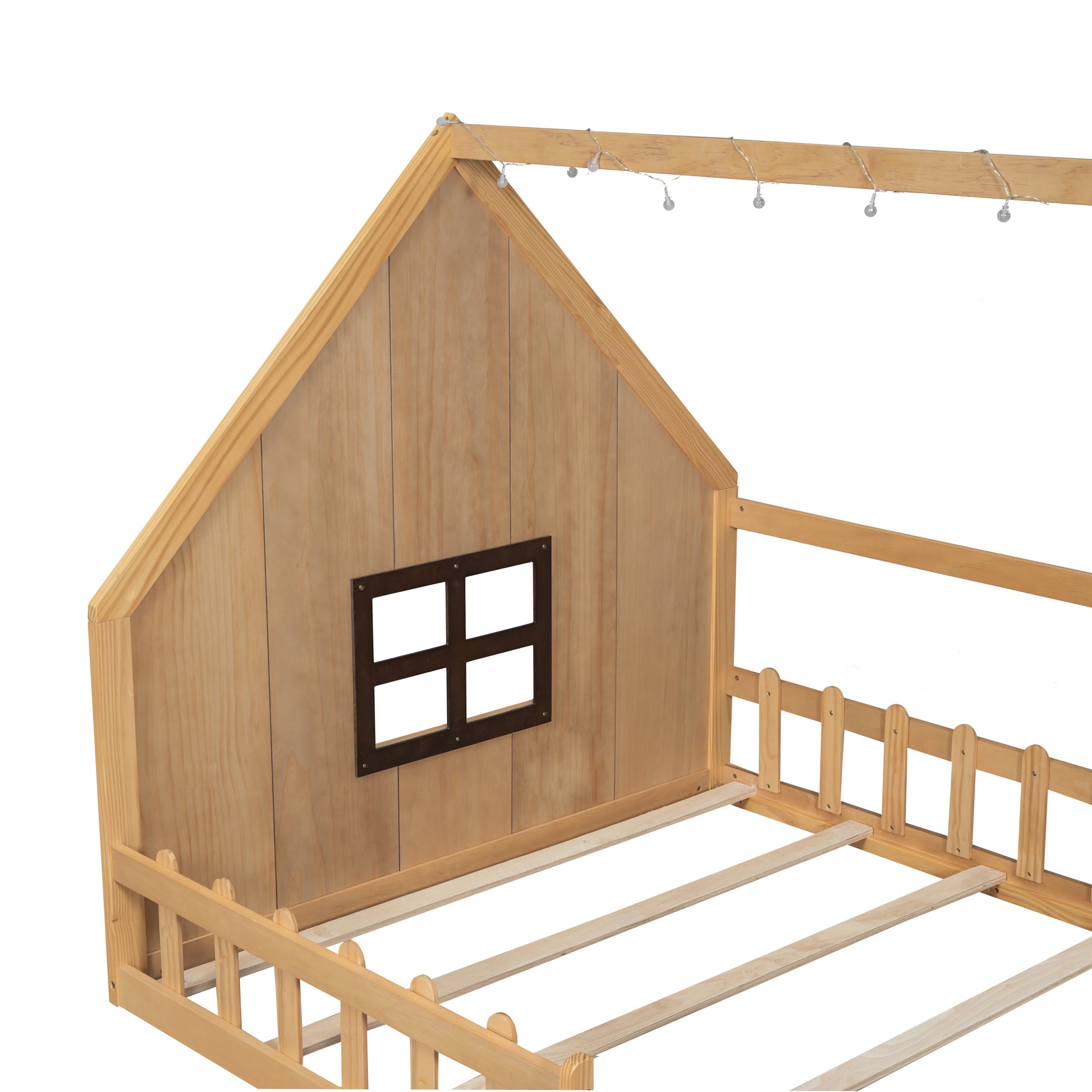 Full Size Wood House Bed with Fence