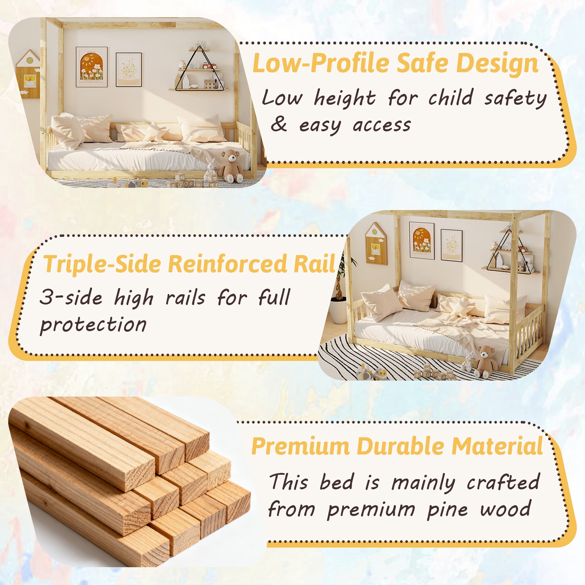 Twin Canopy Floor Bed with Fence, Rubber Wood