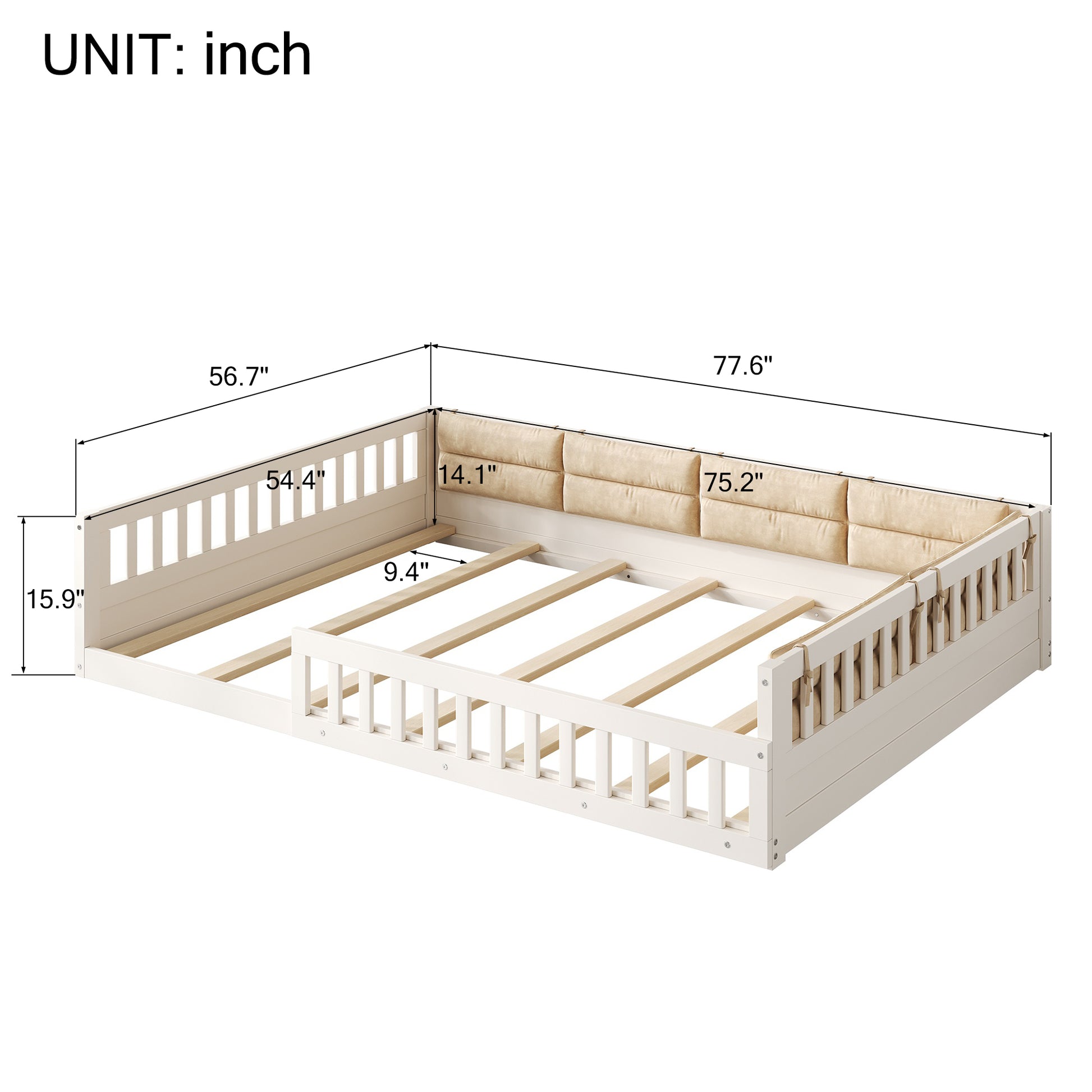 Full Size Wood Floor Bed Frame with Safety Rails