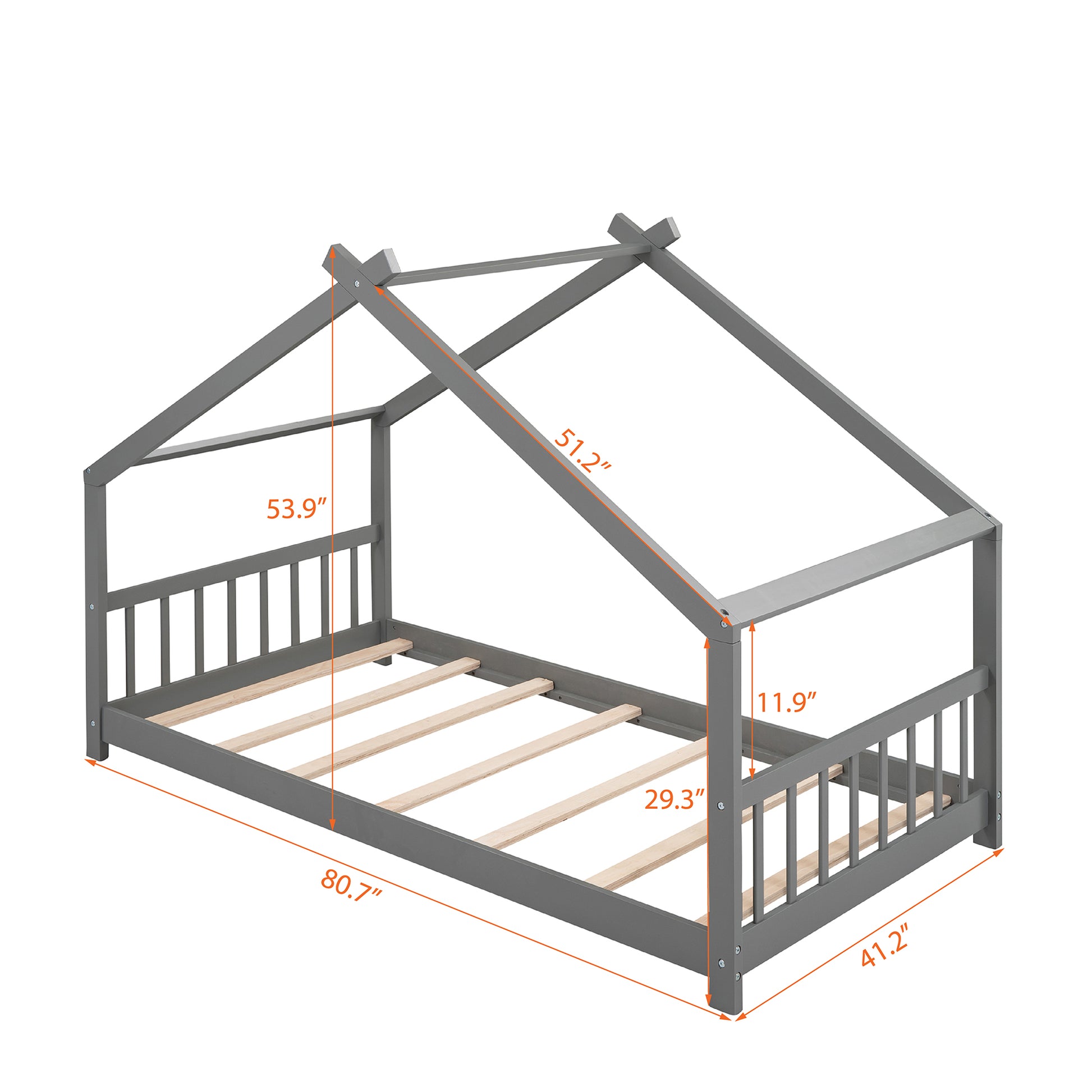 Twin House Bed Frame for Kids, Gray
