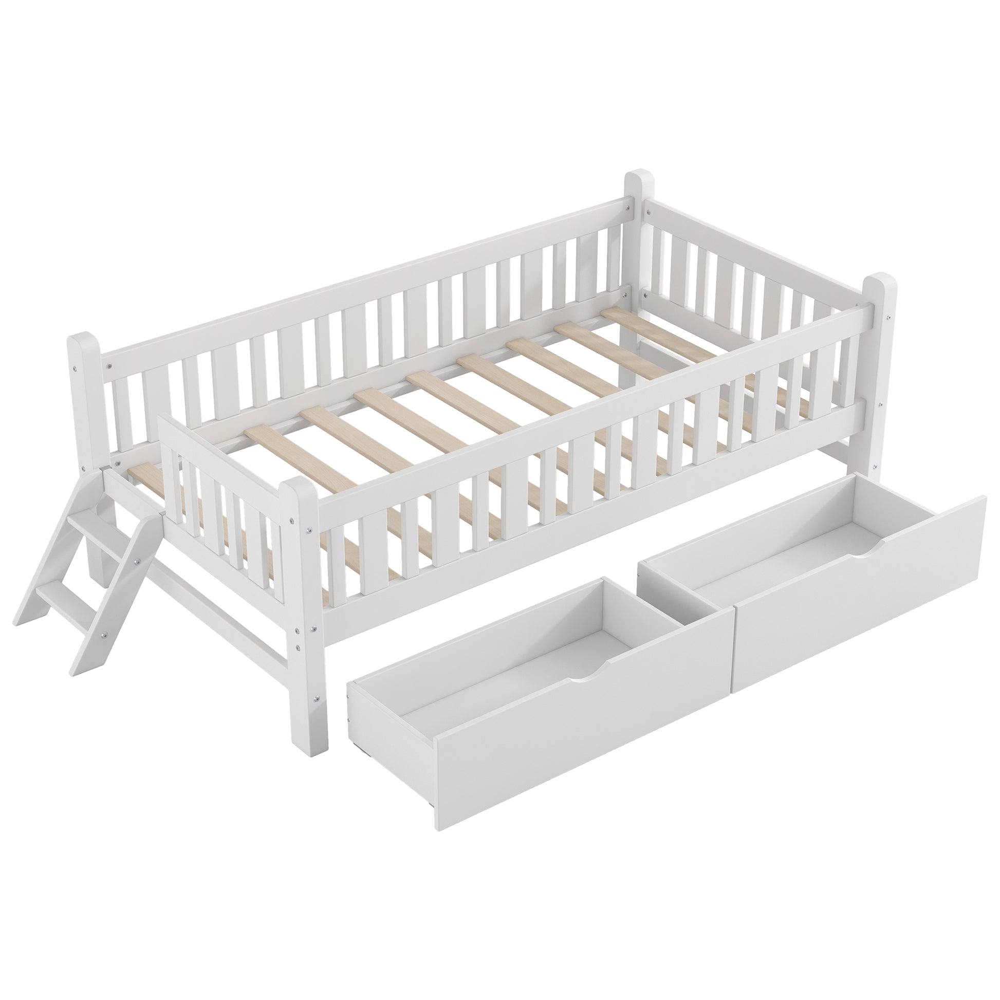 Twin Floor Bed with Full Guardrails and Side Ladder