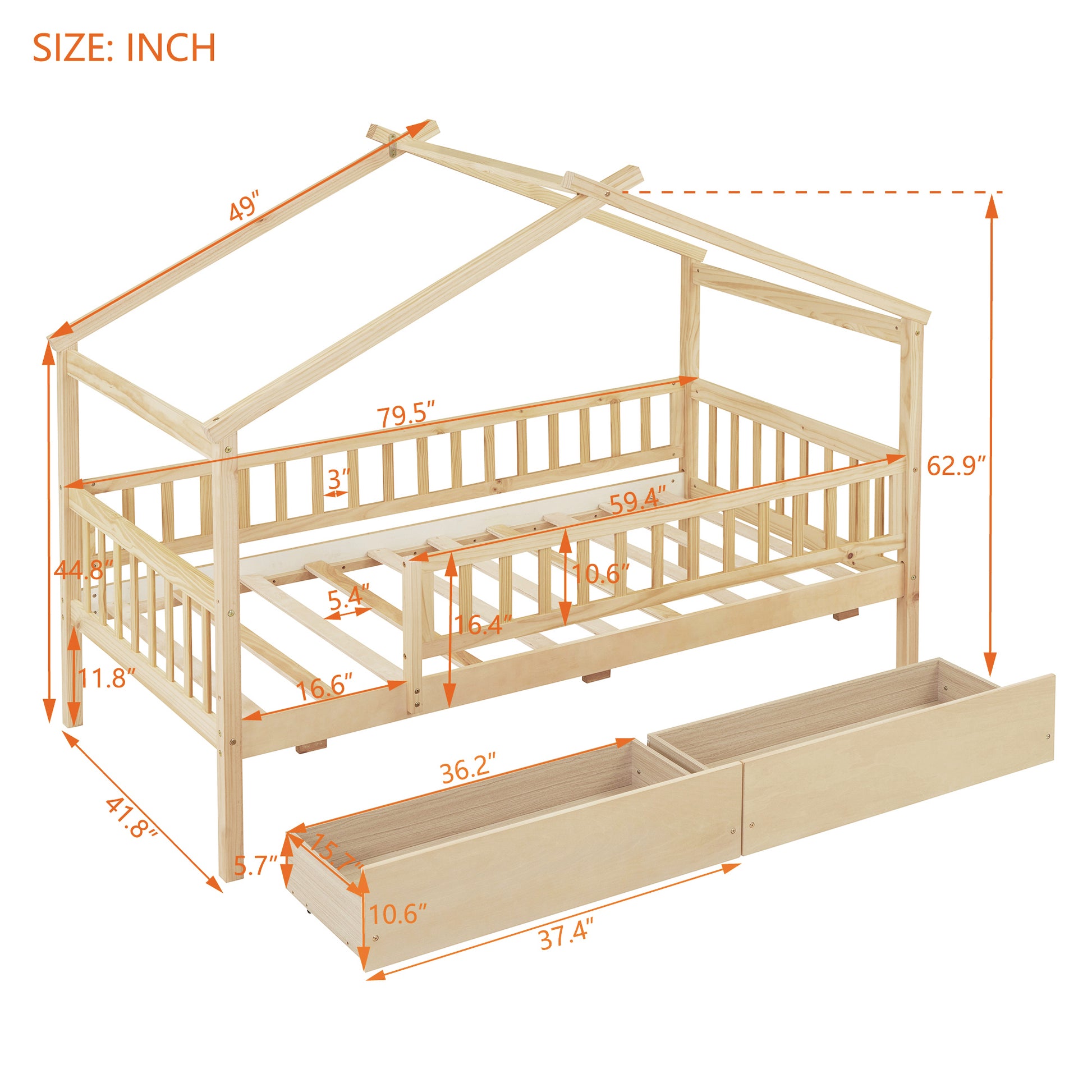 Twin Size Wood House Bed with Storage Drawers