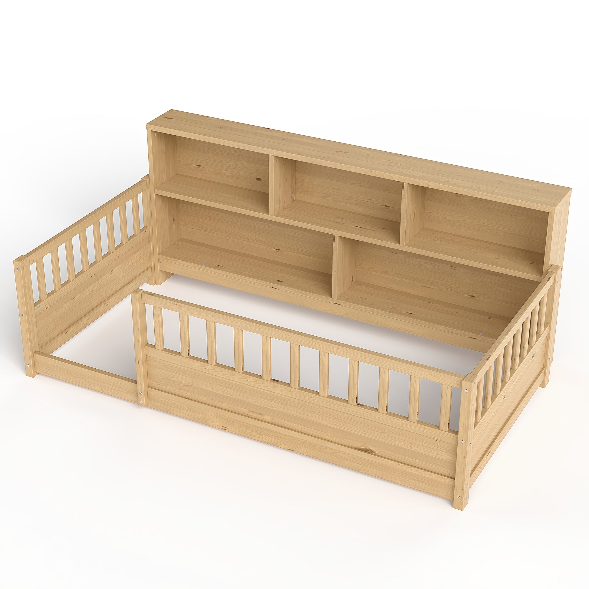 Twin Floor Bed with Bookcase and Safety Rails