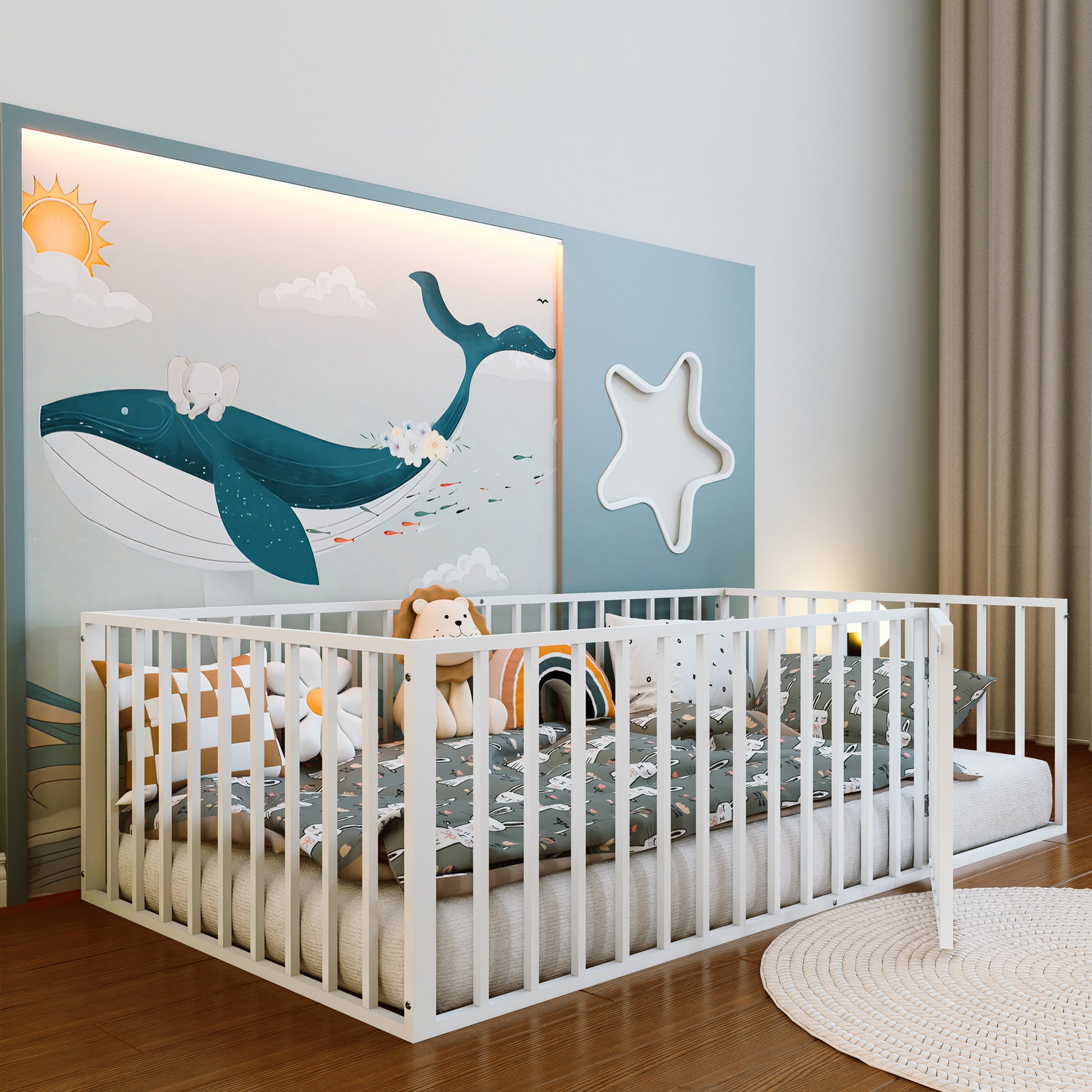 Twin Size Metal Montessori Floor Bed with Open Gate
