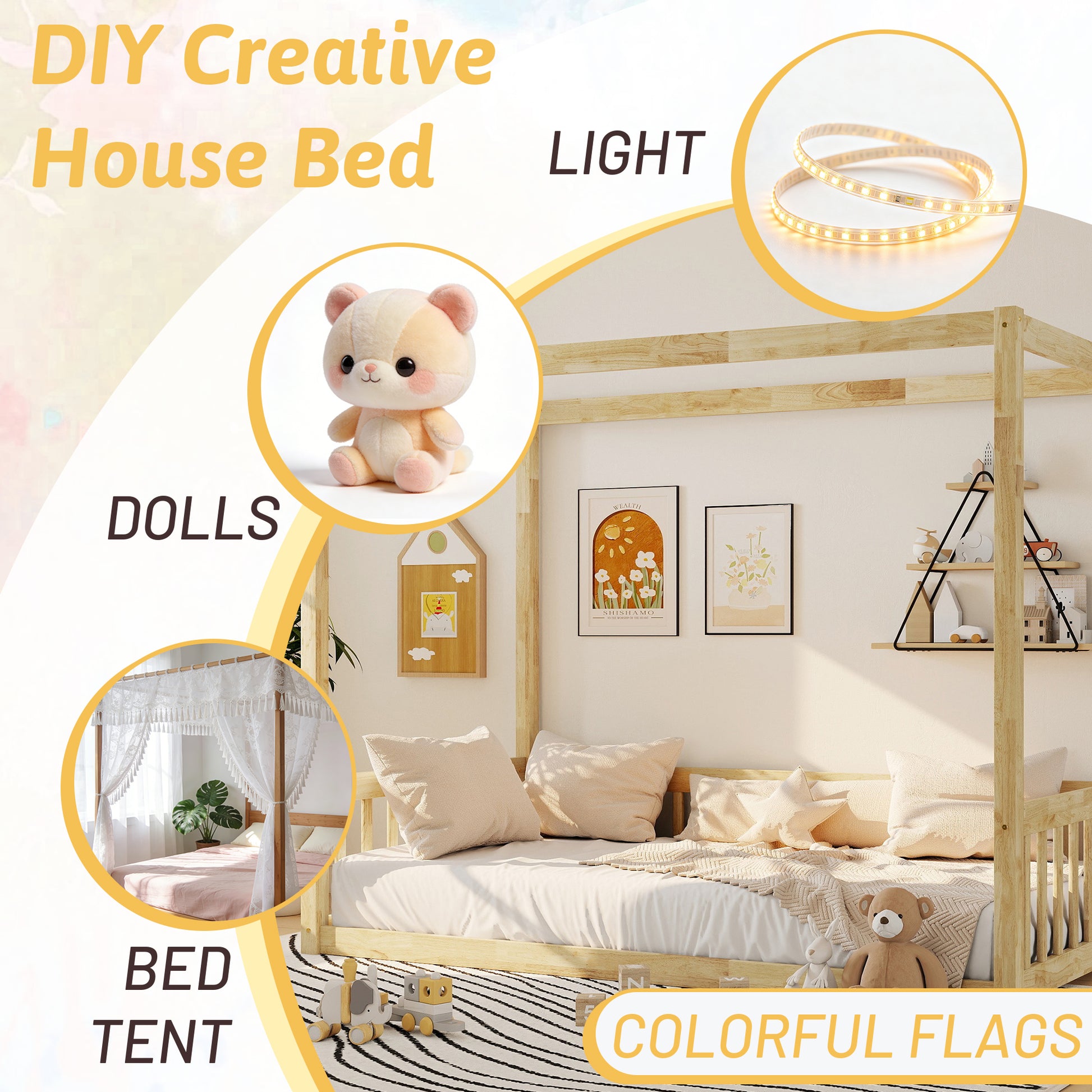Twin Canopy Floor Bed with Fence, Rubber Wood