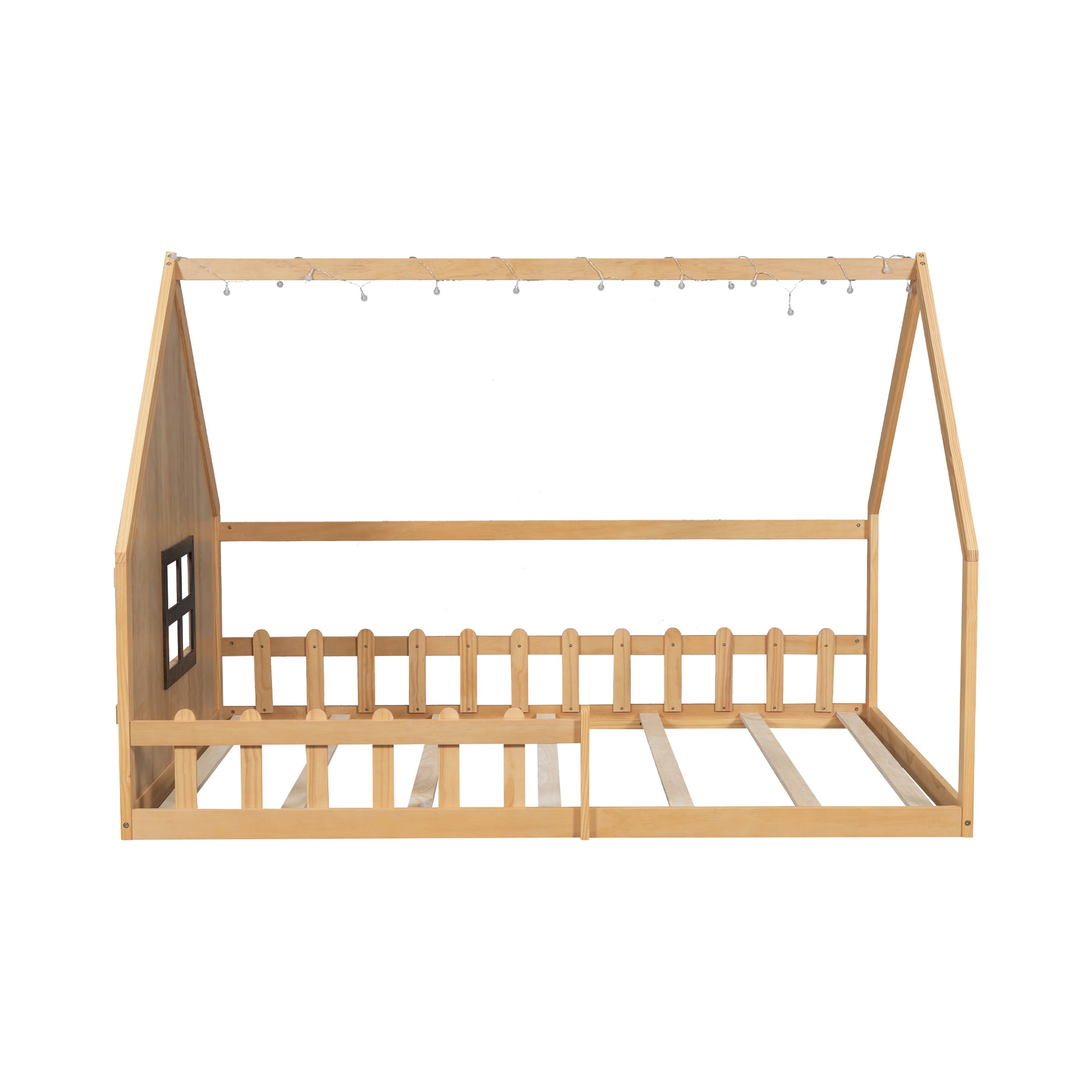 Full Size Wood House Bed with Fence