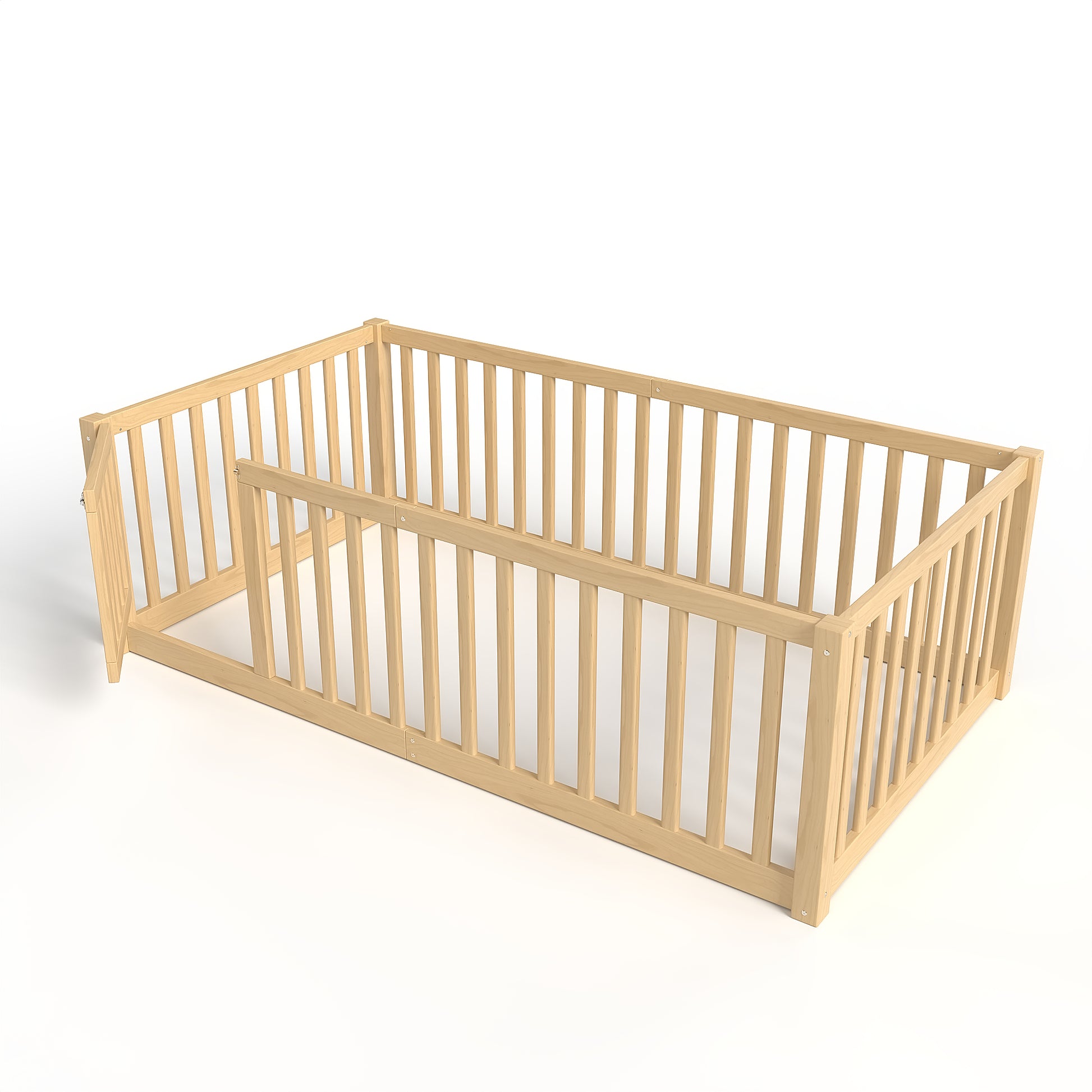 Twin Size Pine Wood Floor Bed with Safety Guards