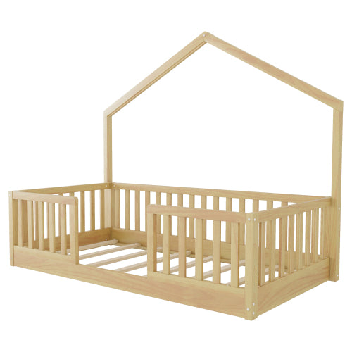 Twin Pine Floor Bed with High Rails and Light