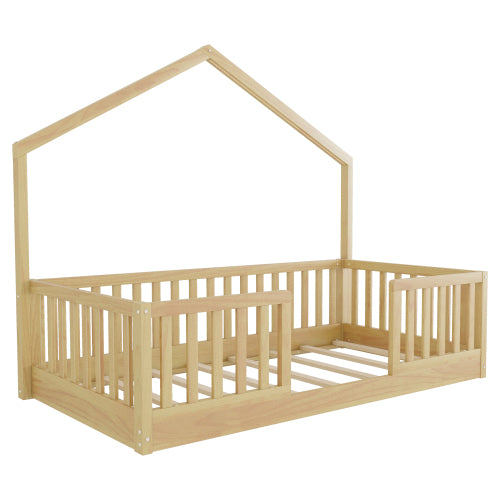 Twin Pine Floor Bed with High Rails and Light