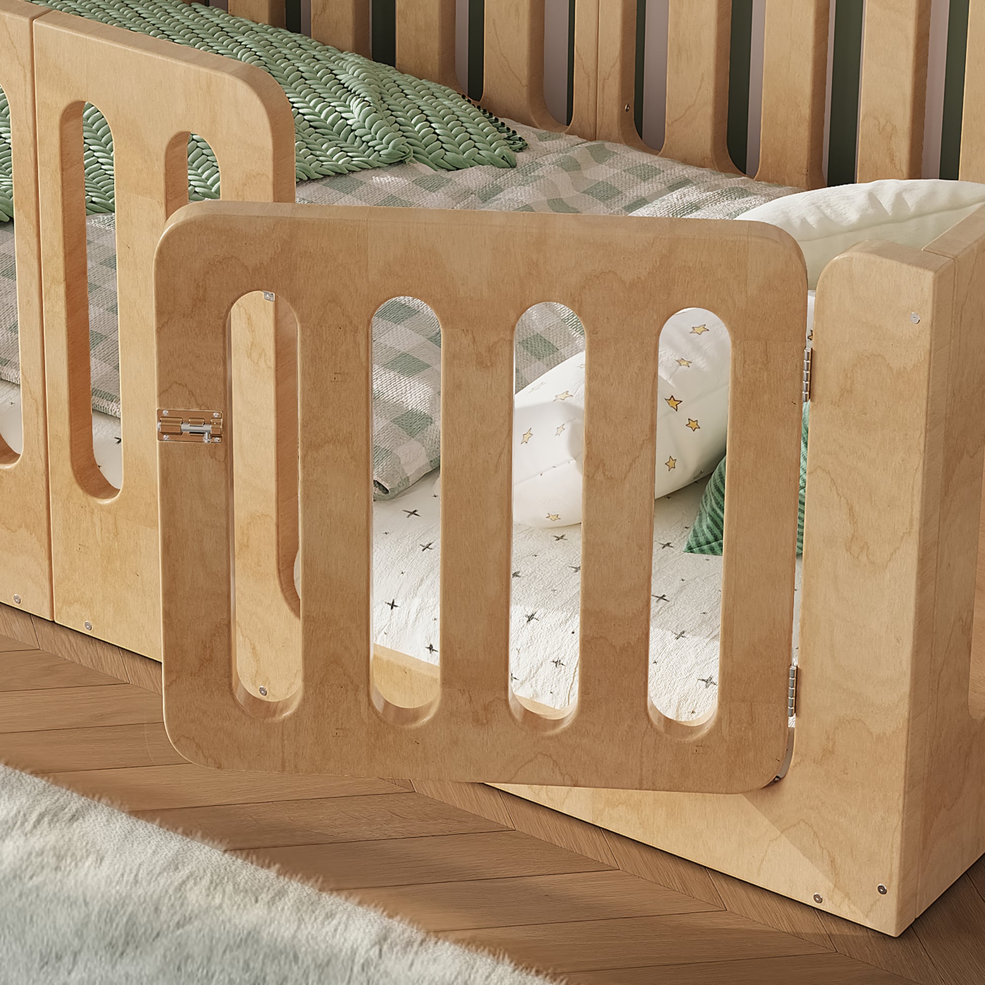 Twin Size Plywood Floor Bed with High Fence and Door