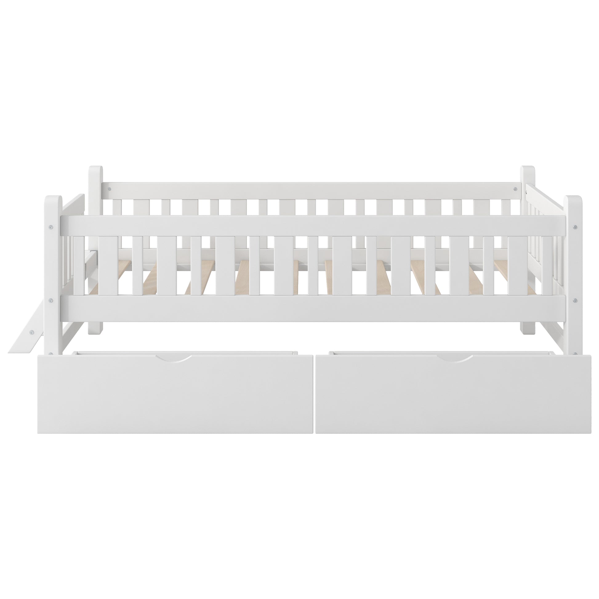 Twin Floor Bed with Full Guardrails and Side Ladder