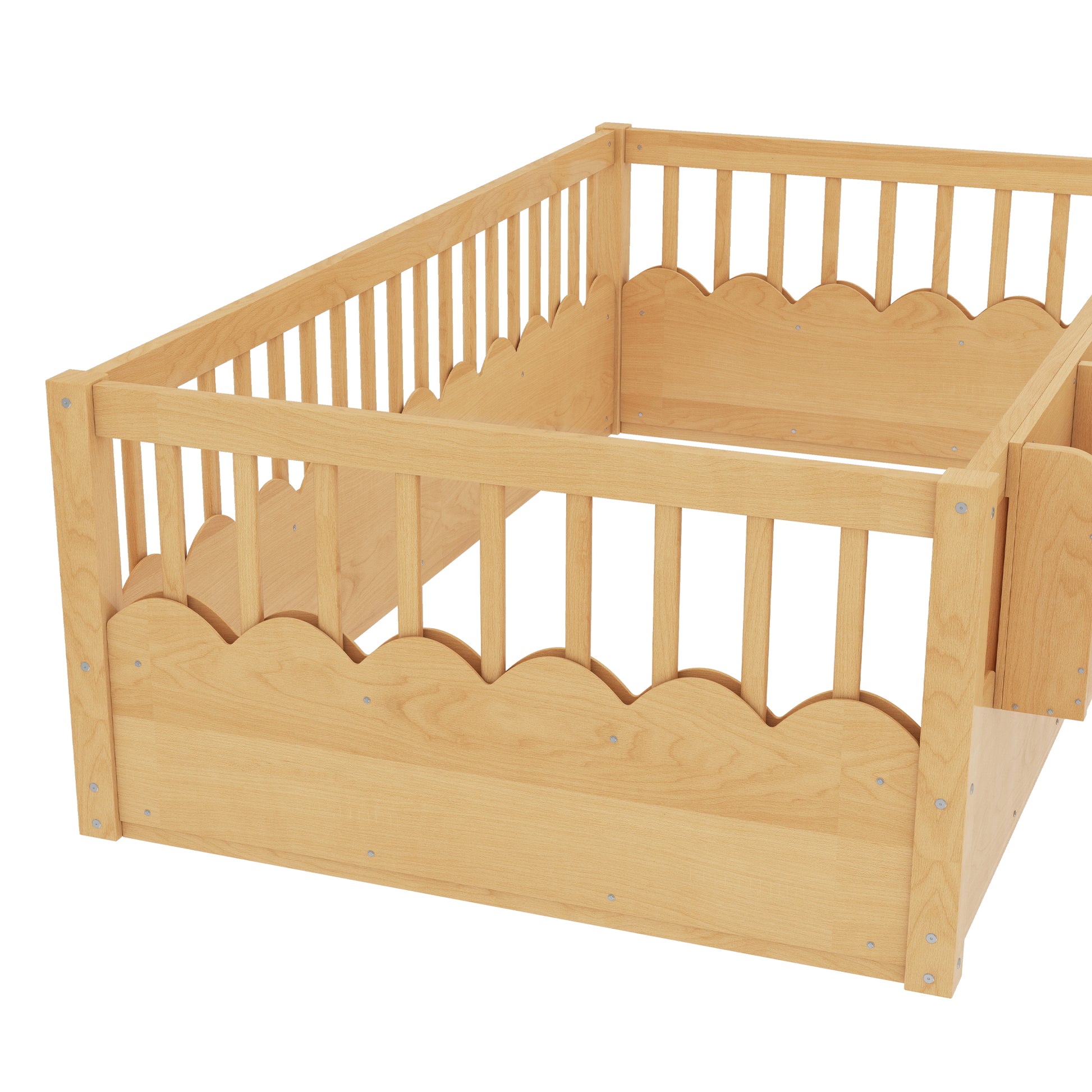 Twin Floor Bed with Heightened Fence and Drawers