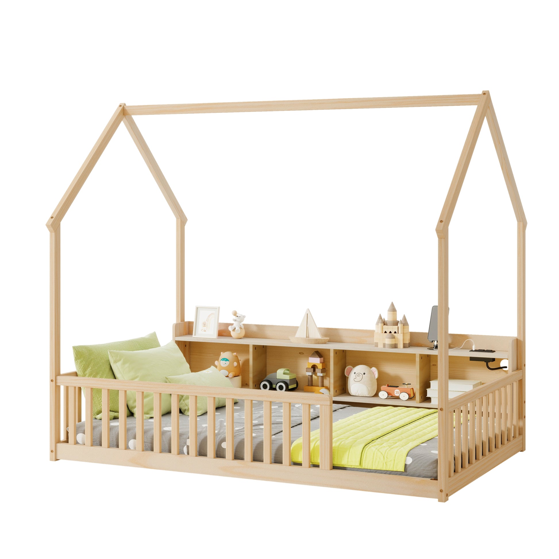 Twin House Floor Bed with Storage, LED Light and Charging