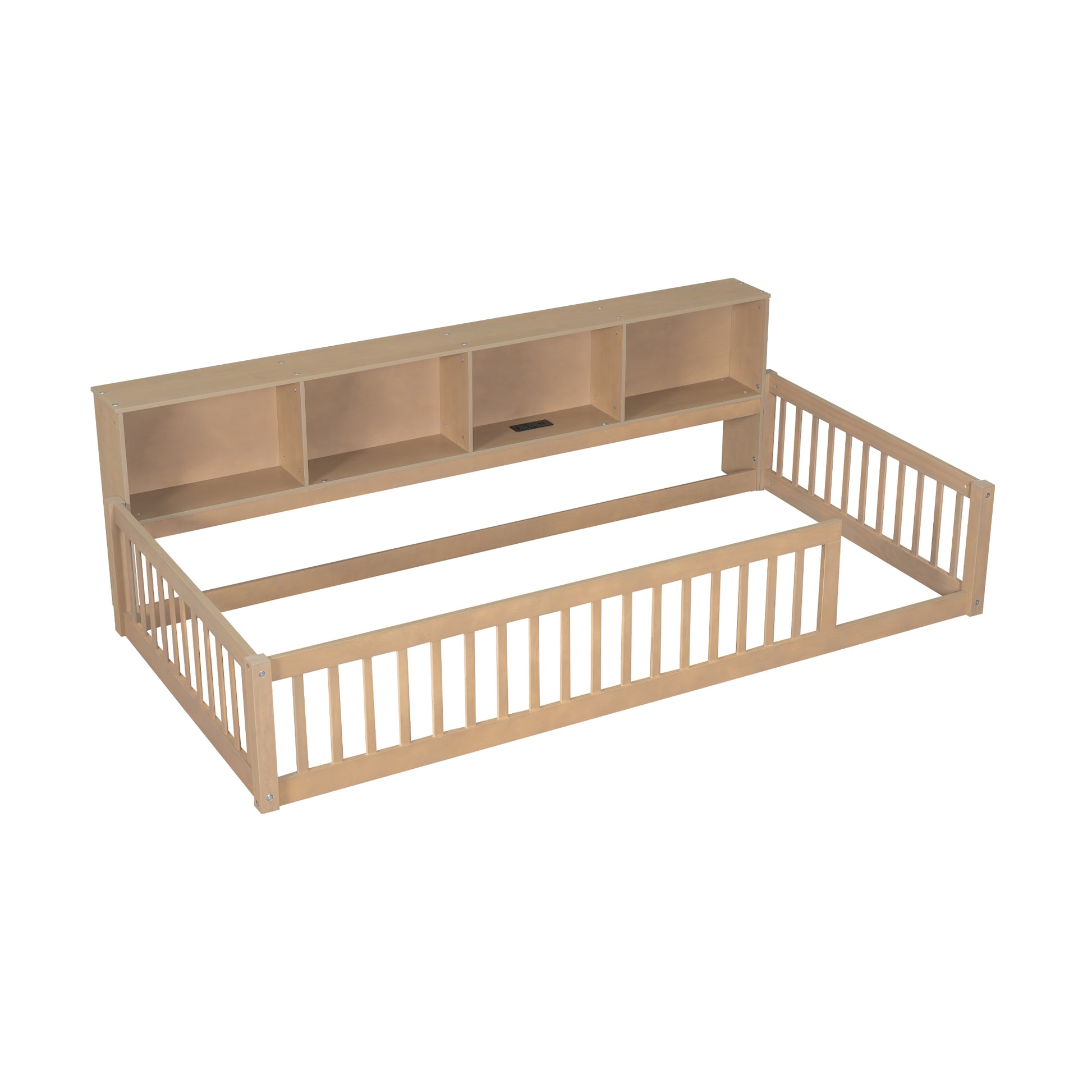Twin XL Wood Floor Bed with Storage Shelves