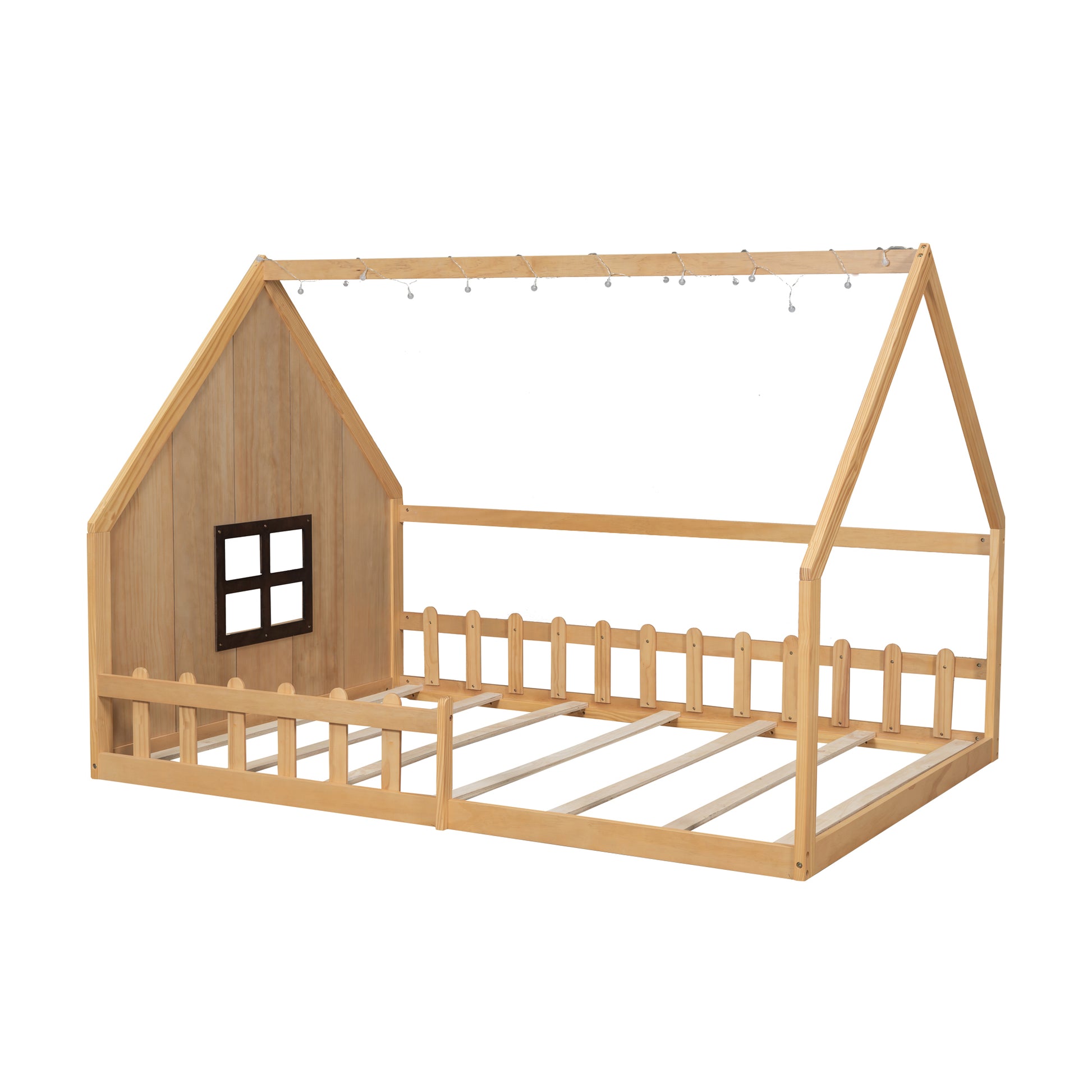 Full Size Wood House Bed with Fence