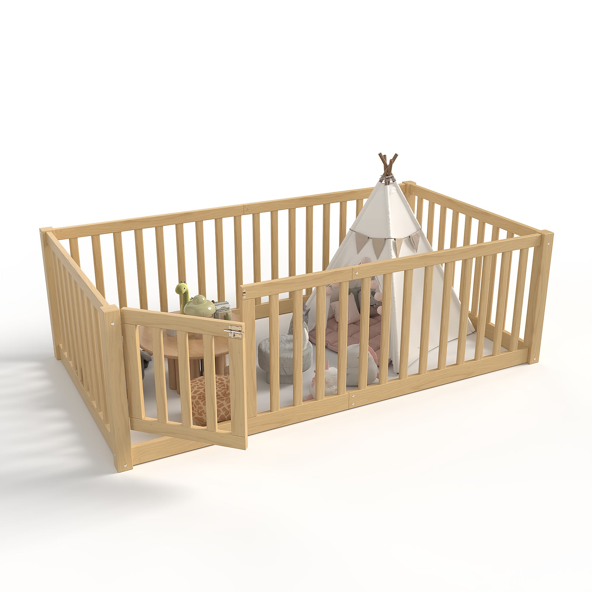 Twin Size Pine Wood Floor Bed with Safety Guards