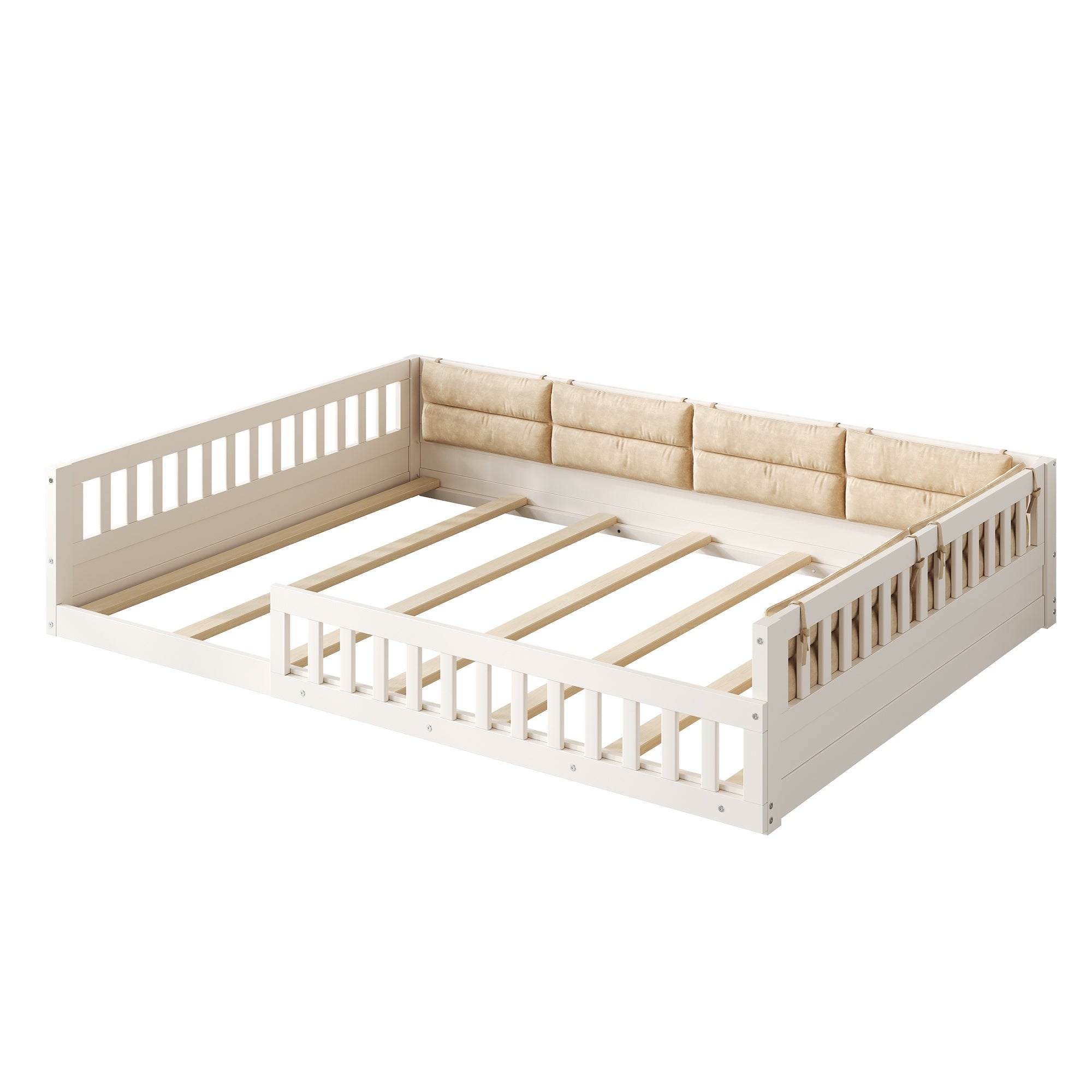 Full Size Wood Floor Bed Frame with Safety Rails