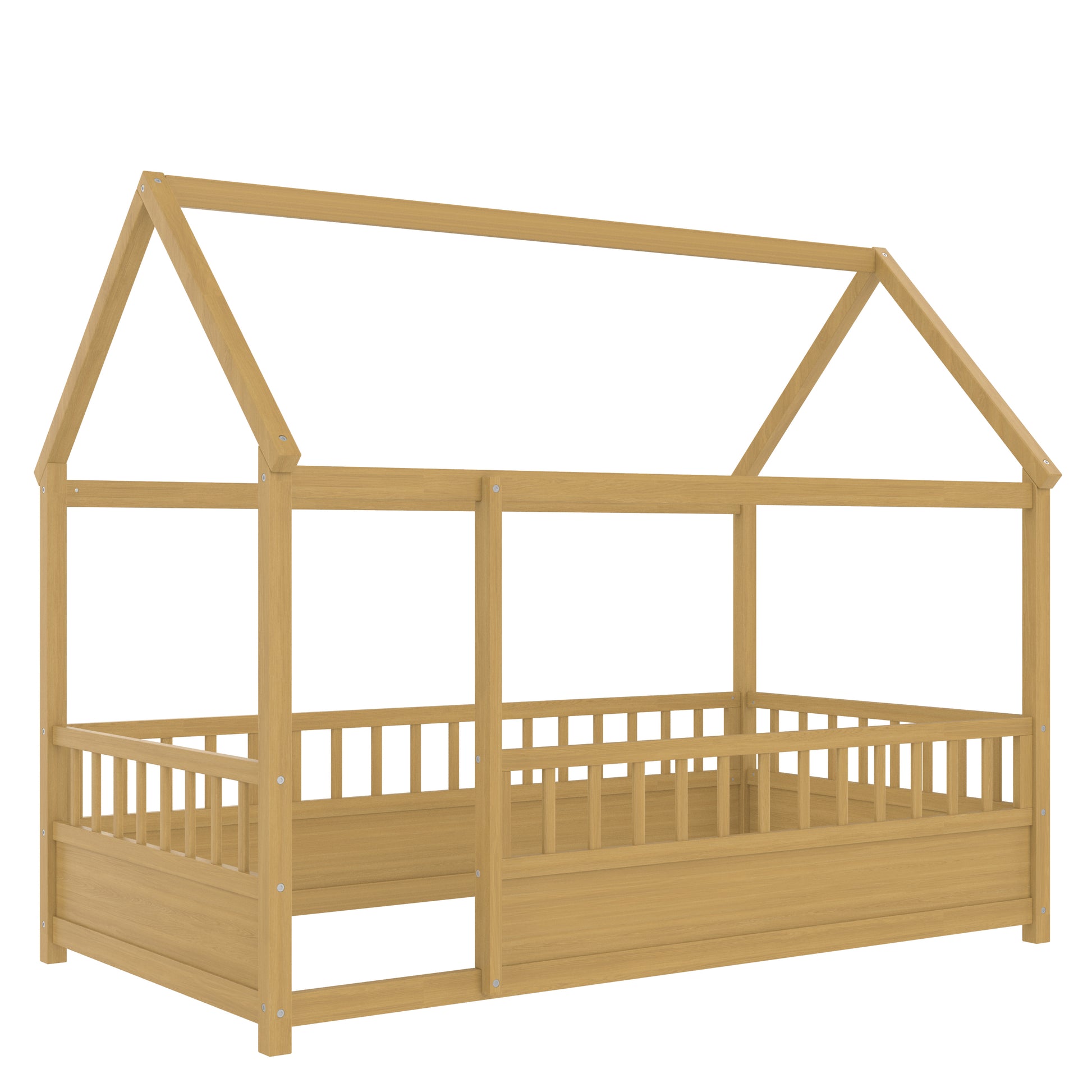 Twin Size Pine House Floor Bed with Safety Rails