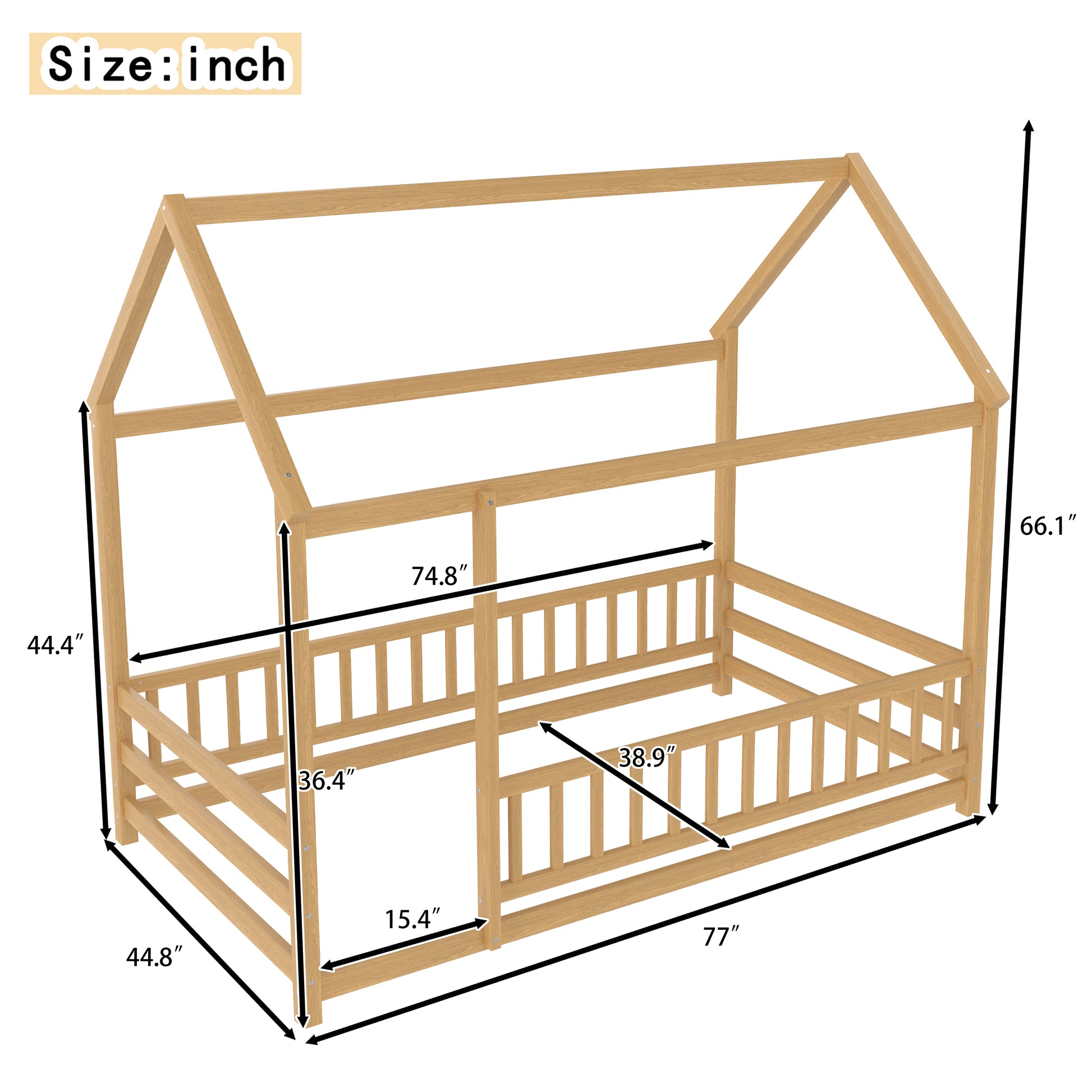 Twin Pine House Floor Bed with Full Guardrails