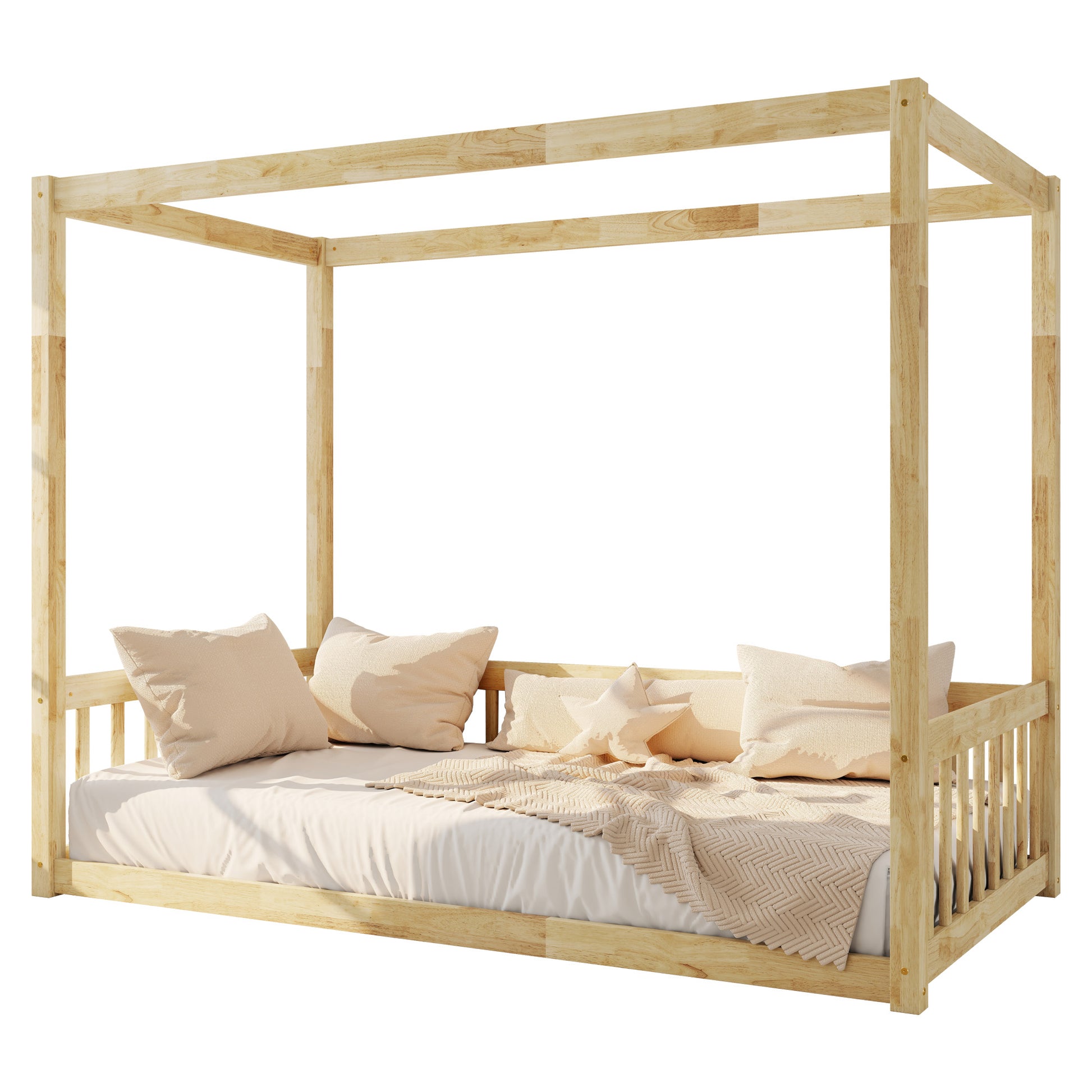 Twin Canopy Floor Bed with Fence, Rubber Wood