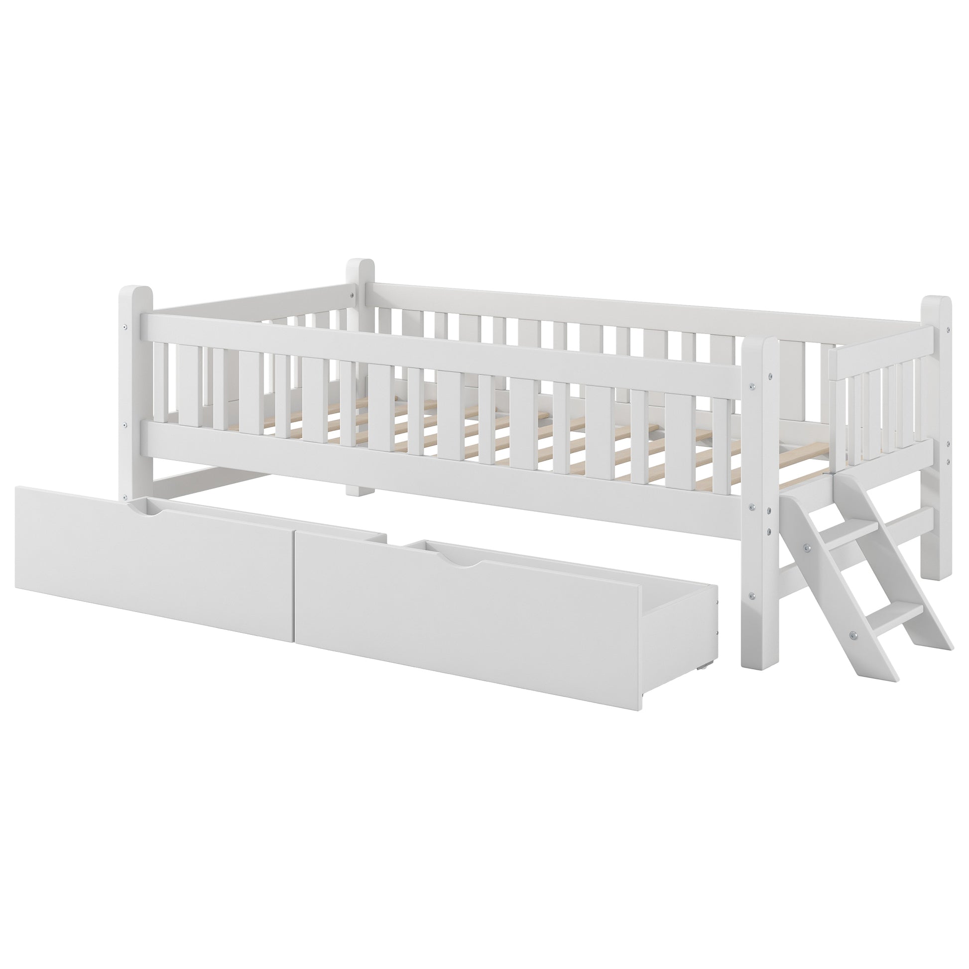 Twin Floor Bed with Full Guardrails and Side Ladder